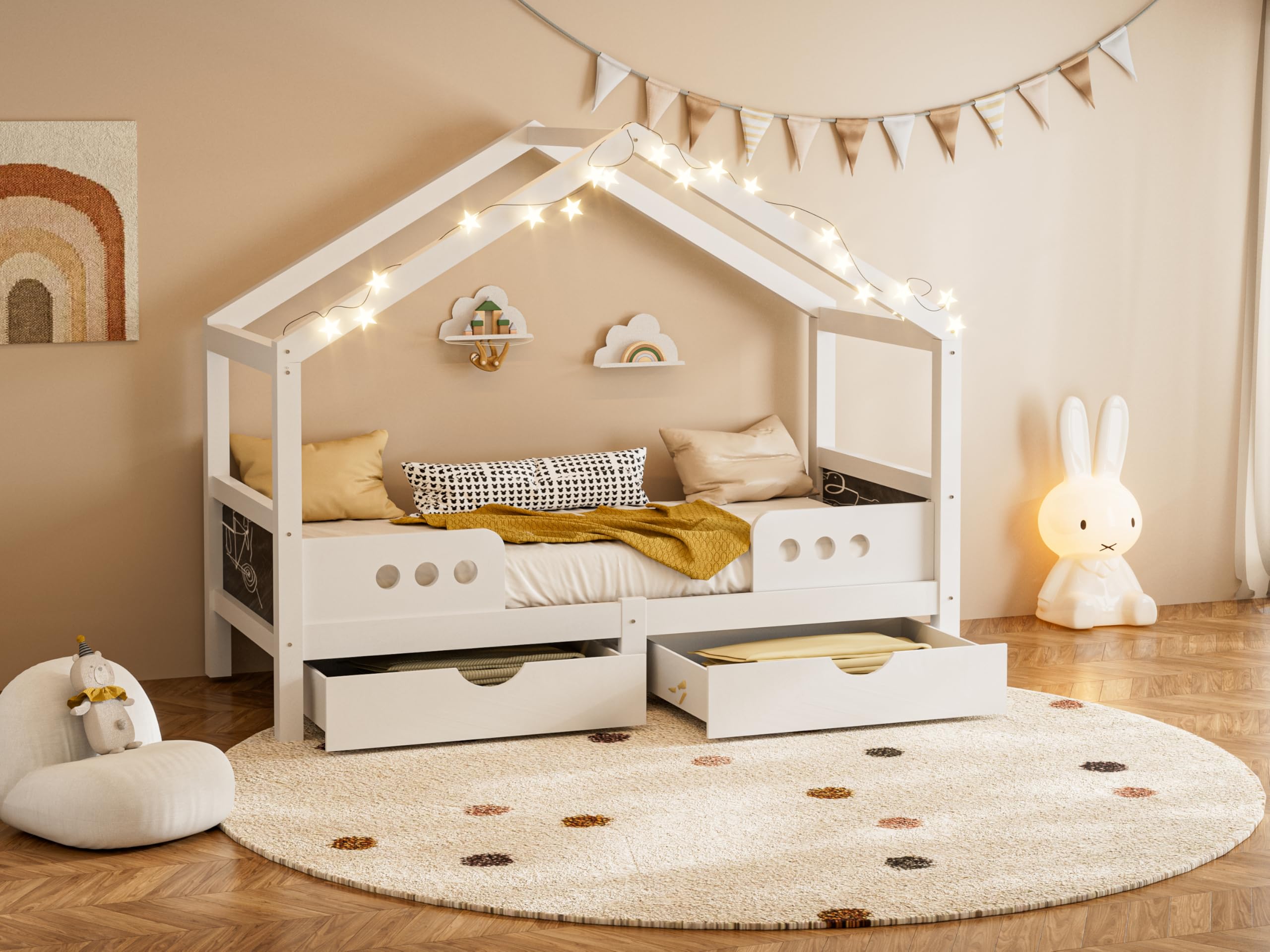 Cama infantil con techo 90 x 200 cm, color blanco, cama con 2 cajones grandes, pizarra en el cabecero, estructura de madera estable+tablero de fibra de densidad media, soporta hasta 120 kg