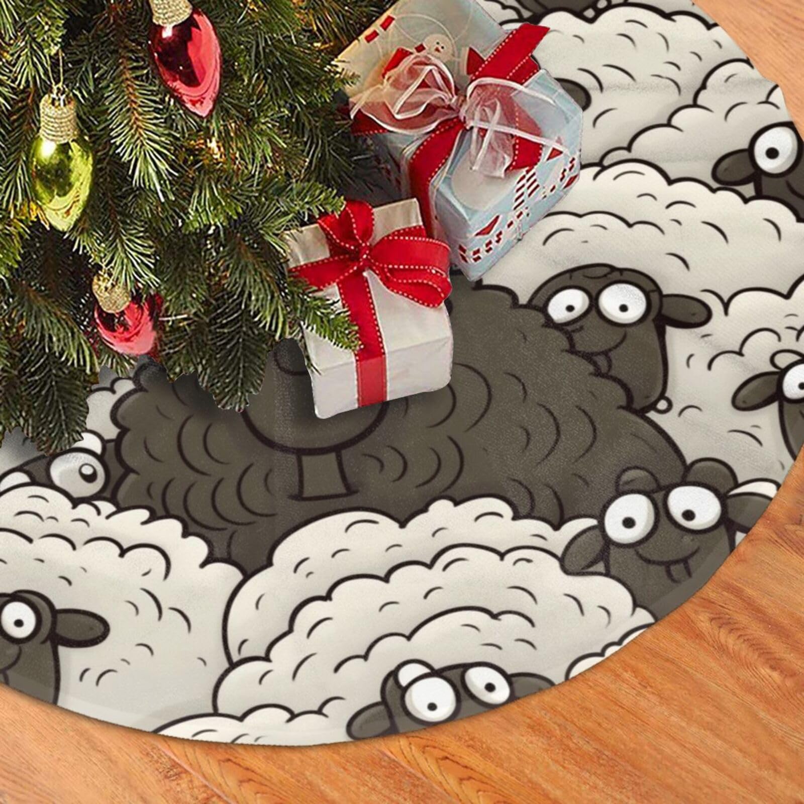 Fodpand Black Cartoon White Sheep Christmas Tree Skirt 30" Velvet Xmas Tree Skirt Mat Rustic Christmas Tree Mat Cover Winter Xmas Tree Collar For Indoor Outdoor Christmas Decorations