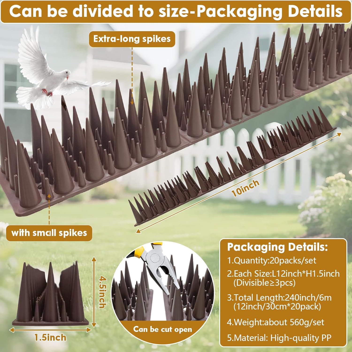 Plastic Bird Spikes Deterrent for Outside to Keep Birds Pigeon Squirrel Away from Porch Baffle Feeder Yard Patio, Fence Spikes 20pack 20Feet Bird nest blocke, Anti-Climb Spikes for Plant Garden Brown