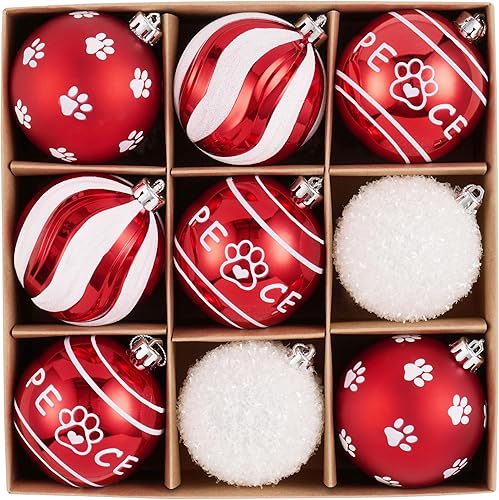 DecorbyHannah - Adornos de Navidad, 9 unidades de 3.150 in, decoración grande para árbol de Navidad, color rojo y blanco, inastillable, decoración