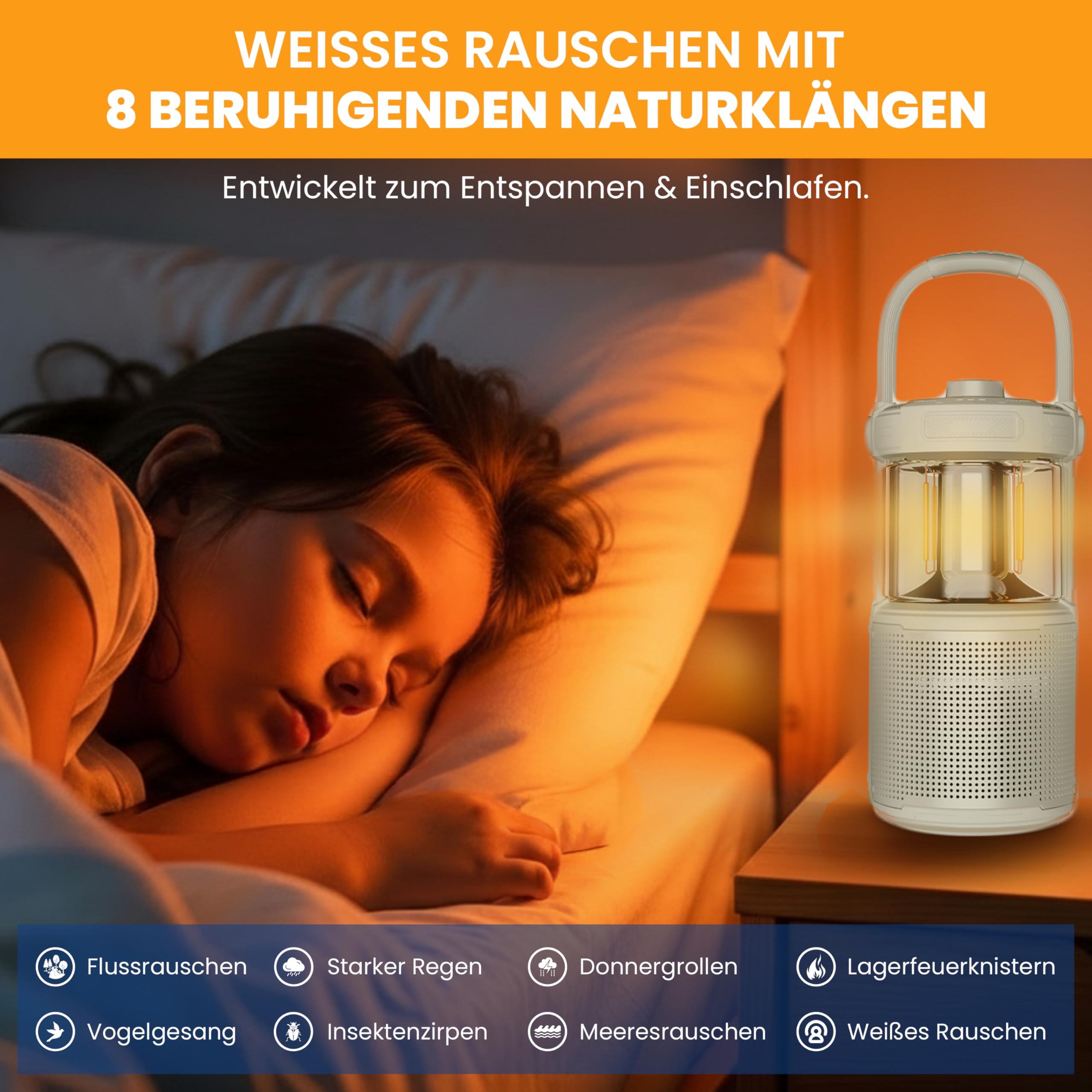 Felix 2 Campinglampe LED mit Bluetooth Lautsprecher – Aufladbar, 360° Licht, 20W Sound, IPX7 Wasserdicht, 24h Akku, USB, Outdoor Musik, Camping Laterne für Zelt, Sandgelb