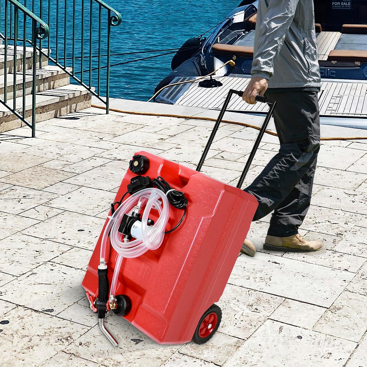 Portable Fuel Caddy Tank with 12V DC Electric Fuel Oil Transfer Pump for Gasoline Diesel, Reversible Pumping, Overheat Protection, Switch Control, Adjustable Handle, Sturdy Wheels, 12.5 Gallon - 2 Pack