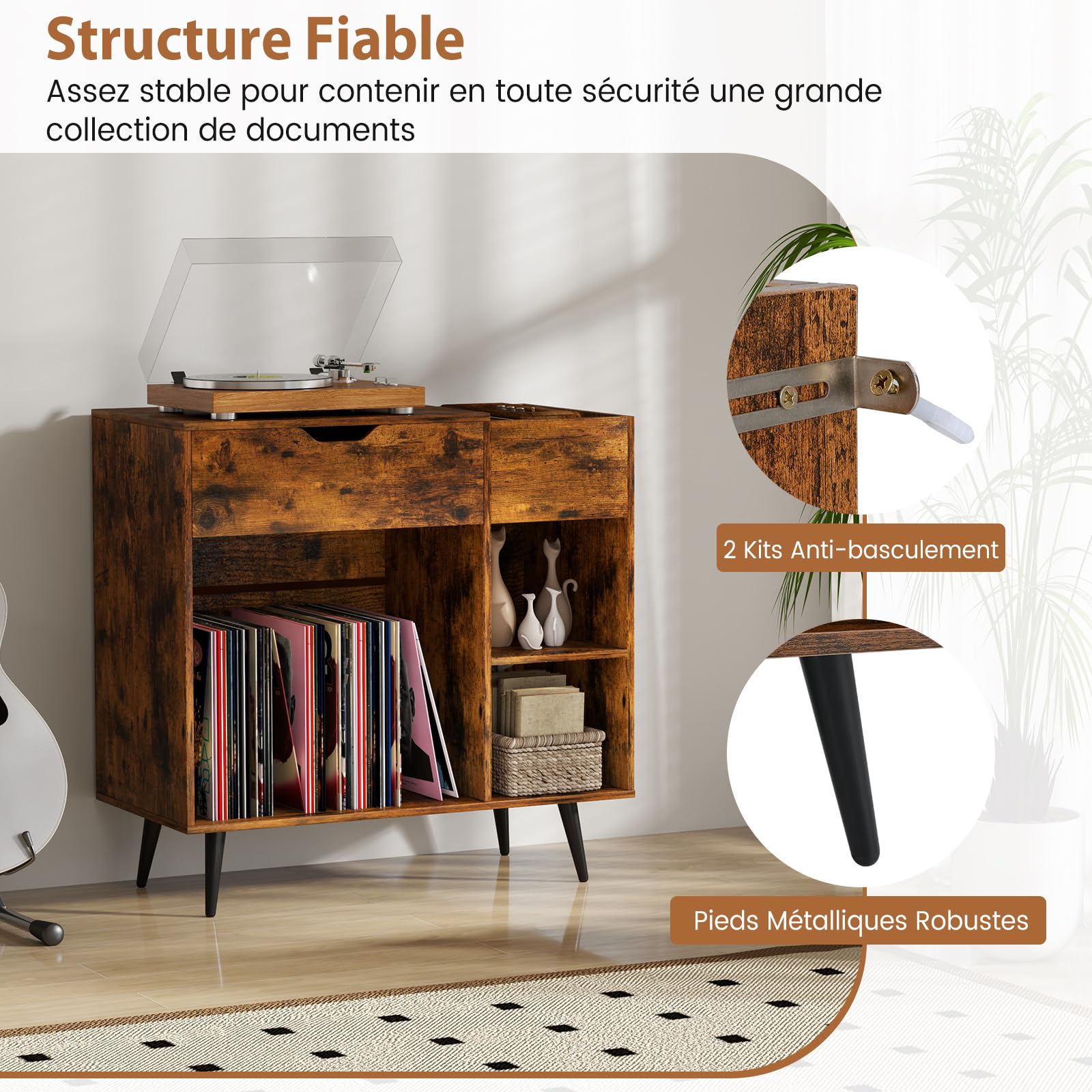 COSTWAY Meuble Tourne-Disque Vinyle avec Prise, Armoire Commode Vinyle avec Tiroir, 2 Prises, 1 USB, 1 Type-C, 2 Kits Anti-basculement, Support Tourne-Disque pour Salon, Chambre,