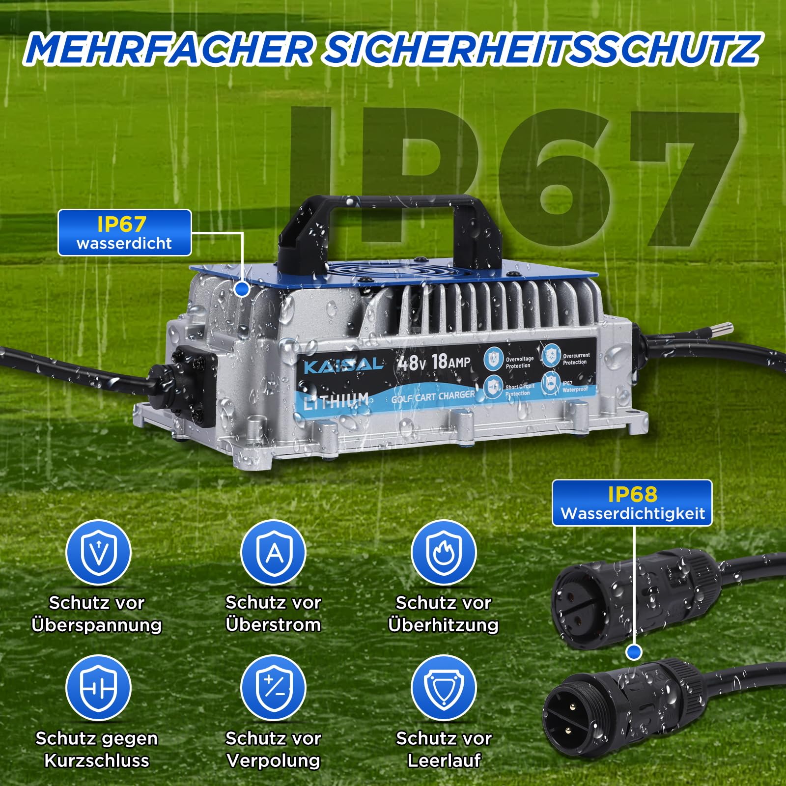 KAISAL 58.4V 18A LiFePO4 Ladegerät, LiFePO4 Batterieladegerät für 48V(51.2V) Lithium Eisenphosphat, Lithium Batterie Ladegerät IP67 Wasserdicht 48V Ladegerät für Wohnmobile, Boot, Solar, Golfwagen