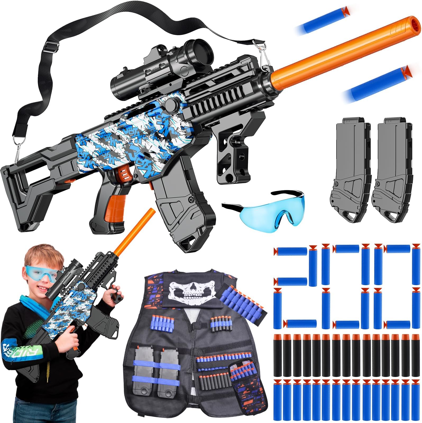 Toy Gun Automatic Sniper Rifle with Lanyard, Electric Realistic Toy Foam Blasters- 200 Darts, Tactical Vest Set, Scope and 2 Clips, Cool Toys for Kids Ages 8-12, Birthday Xmas Gifts for Boys