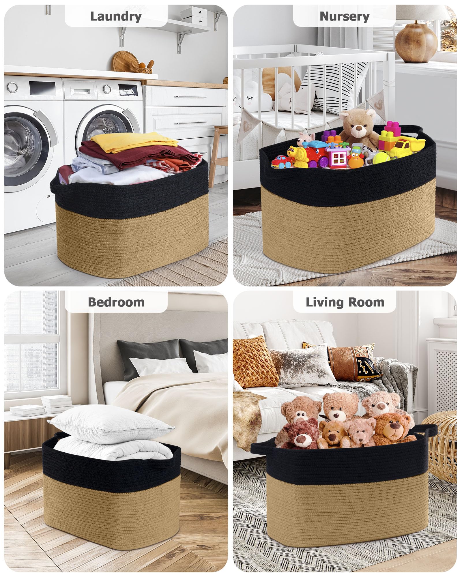 JOJOSEE Cesto portabiancheria pieghevole, 63 l, nero e marrone | Cesto portaoggetti intrecciato con manico, in cotone, ideale per coperte, vestiti, peluche, giocattoli