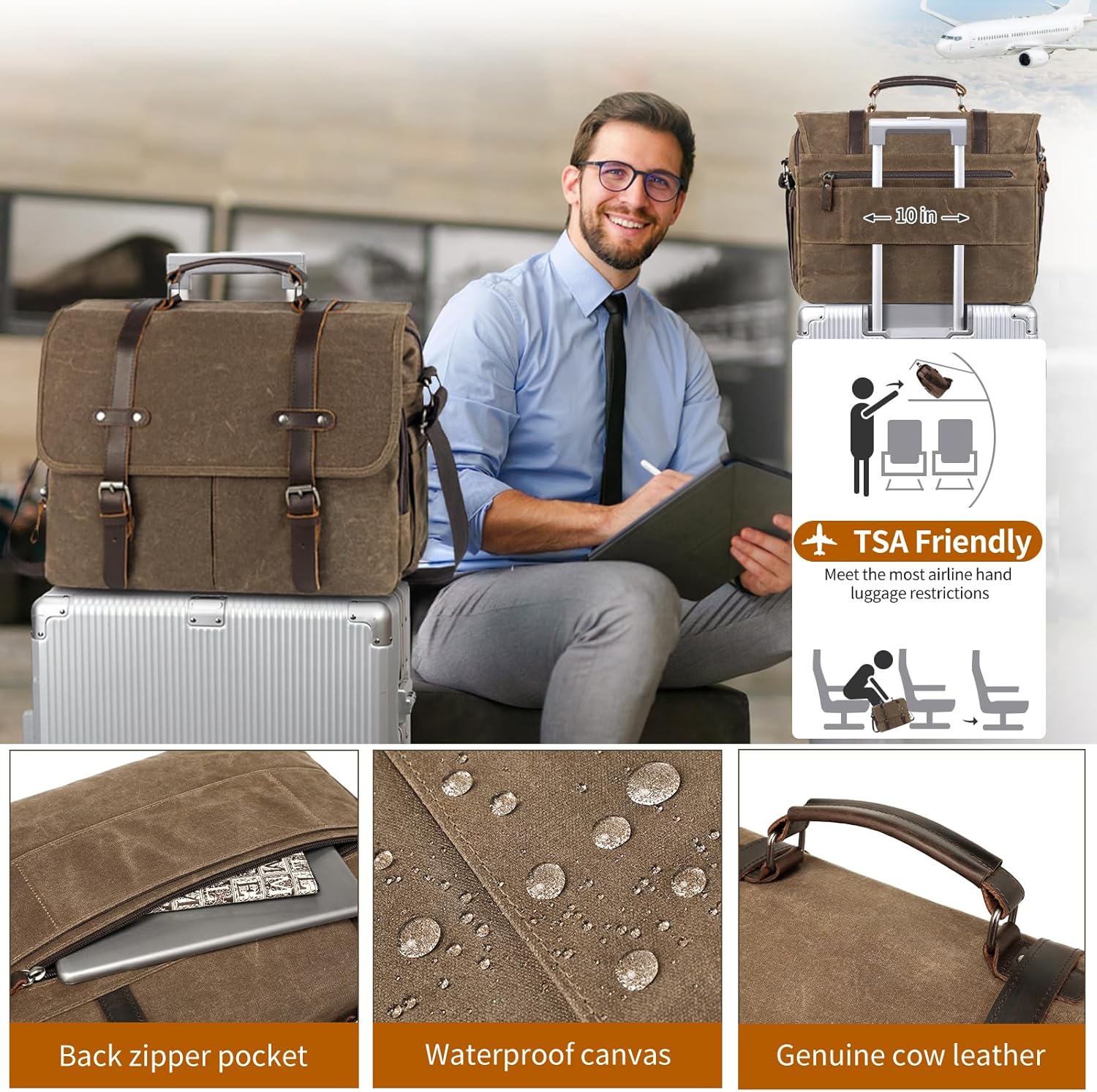 Wogarl 15.6" Messenger Bag for Men: Leather Waxed Canvas Briefcase Large Computer Laptop Bag Handbags Crossbody Bags for Work - Image 6