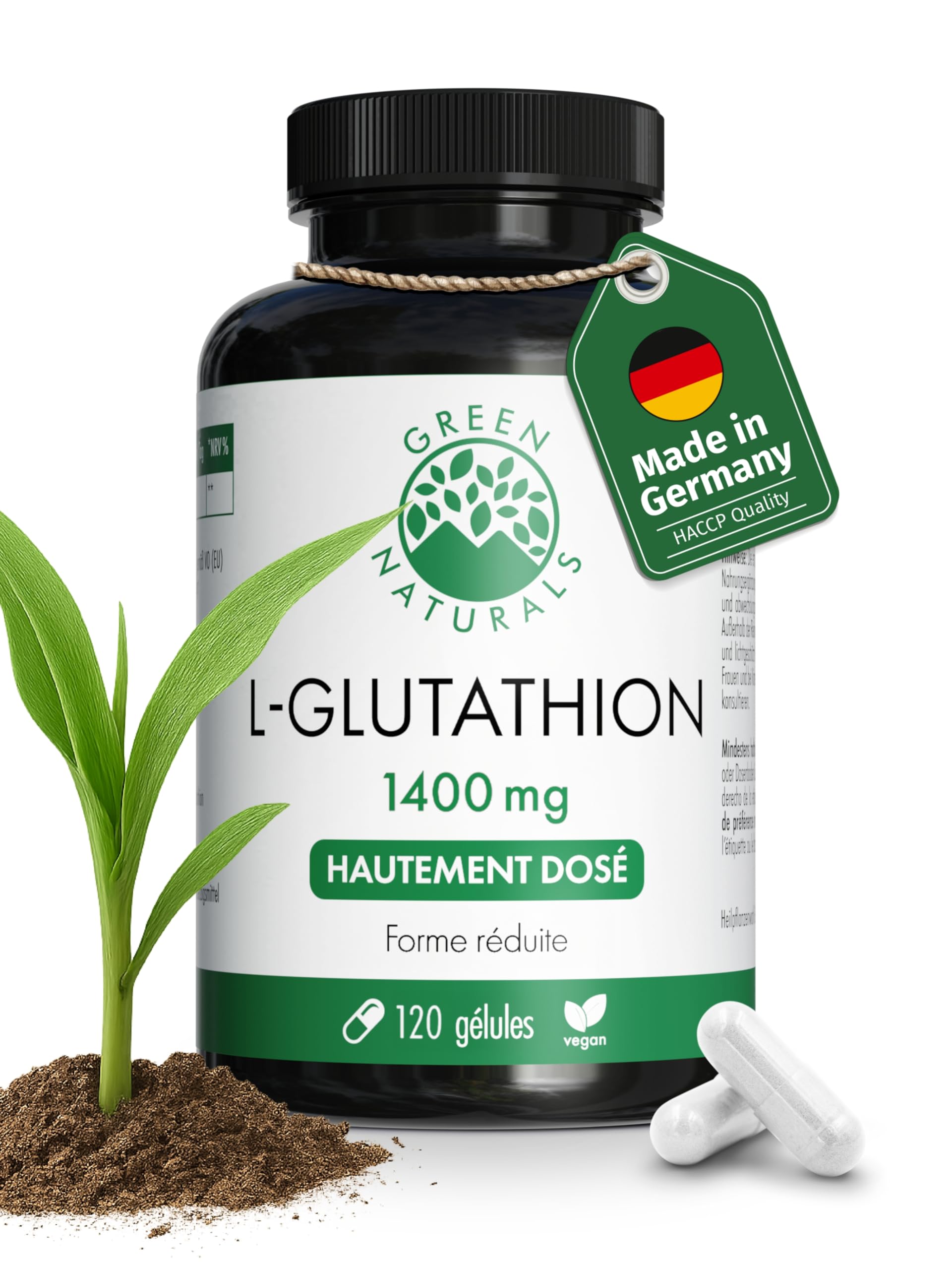 Green Naturals L-Glutathion réduit 1 400 mg par jour – 120 gélules | Issu de fermentation · Vegan · Sans additifs · Cure de 60 jours
