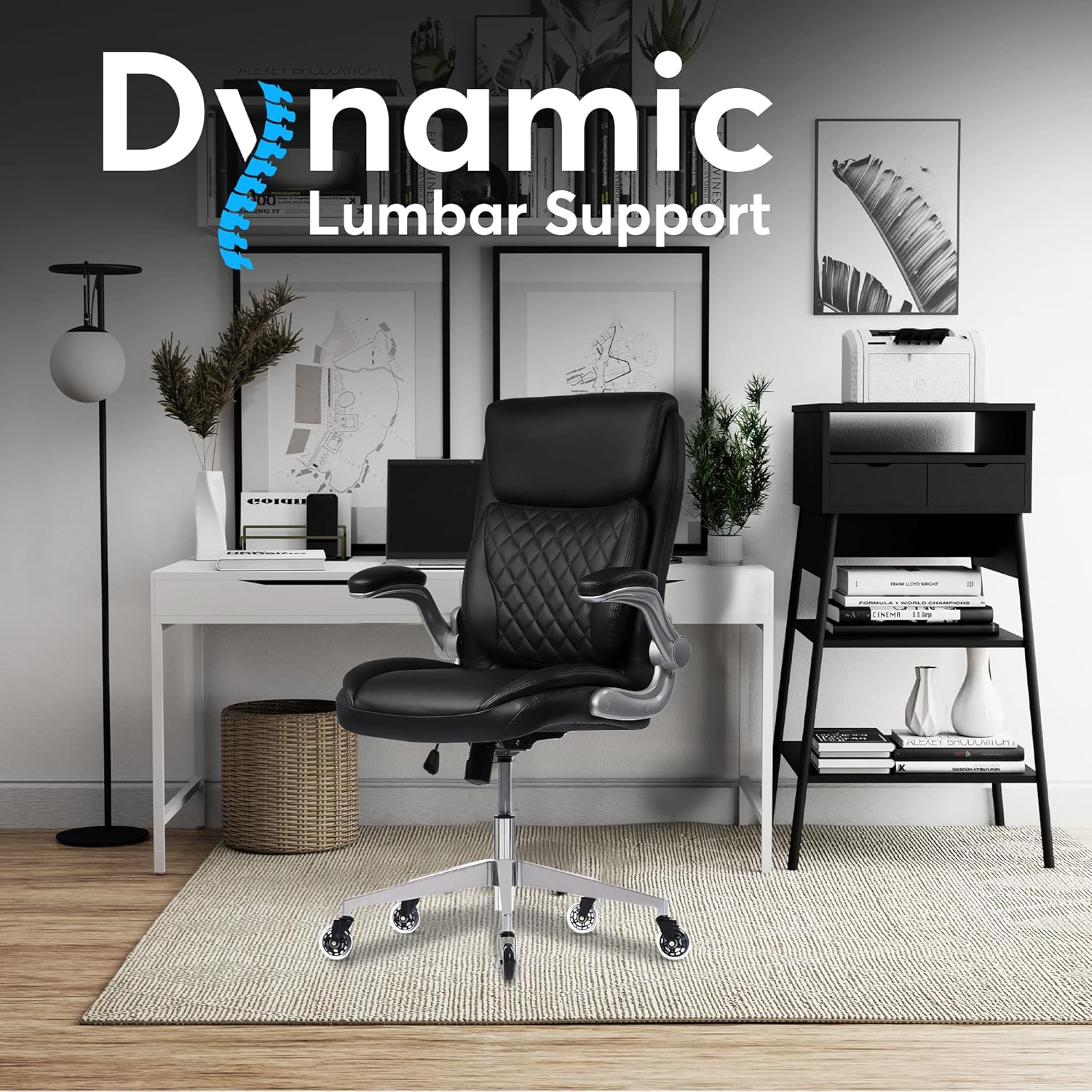 Oline Ergonomic Executive Office Chair - Rolling Home Desk PU Leather Chair with Adjustable Armrests, 3D Lumbar Support and Blade Wheels - Computer Gaming Swivel Chairs (Black) : Home & Kitchen