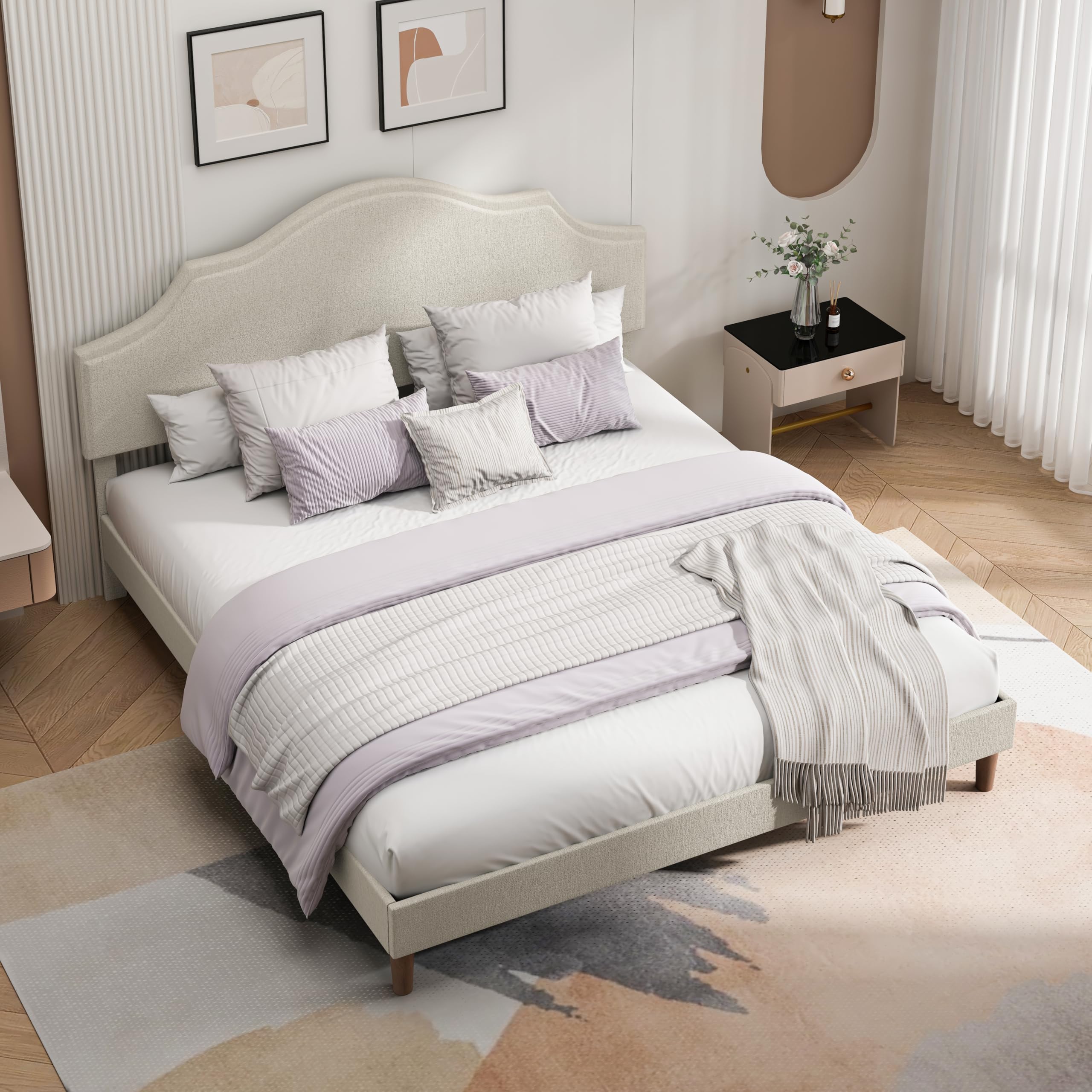 RuiSiSi King Size Bed Frame, Upholstered Platform Bed with Adjustable Headboard, Linen Fabric Platform Bed, No Box Spring Needed, Easy Assembly, Beige