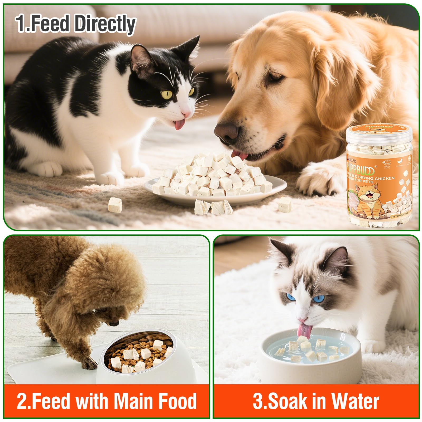 Snack Liofilizado de Pollo para Gato de Interior, Crujientes Snack para Gatos Perros, Golosinas para Gatos Icas en Proteínas