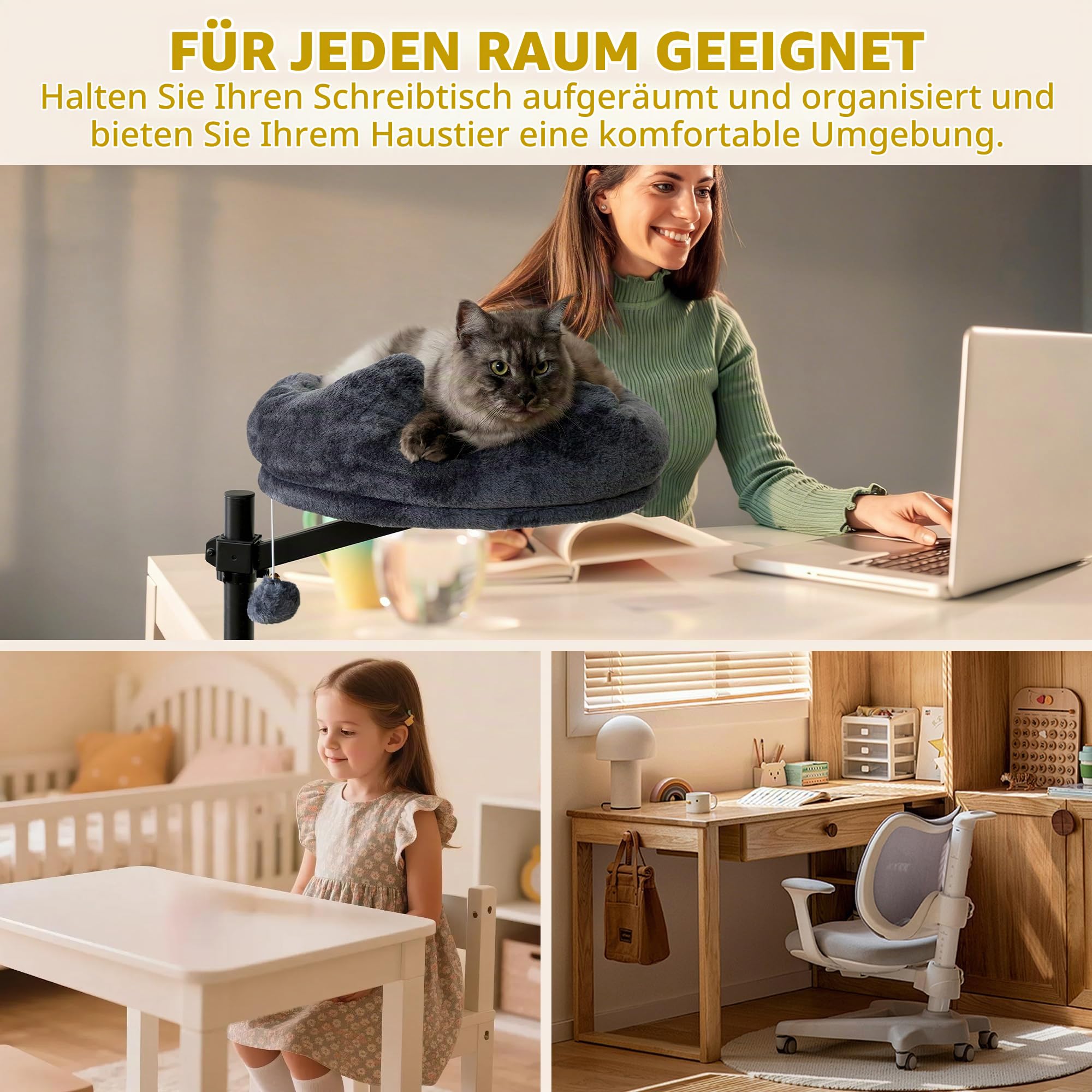 Katzenbett Schreibtisch, 360° Drehung Hängebett für Katzen Bohrfrei & Höhenverstellbar, Katzenhängematte Katzenkorb zum schlafen, Hält Kätzchen Katze nah und Arbeitsbereich (Dunkelgrau)