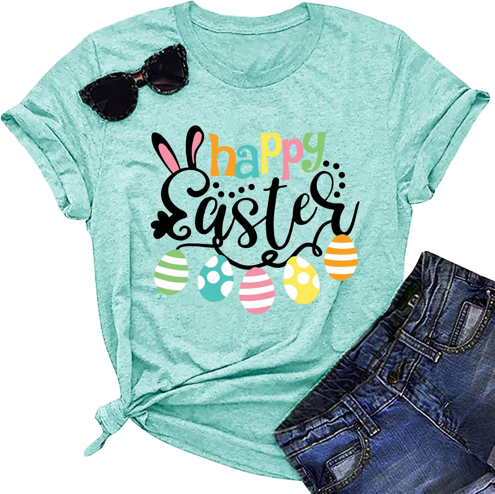 YI XIANG RANHappy Easter Shirts for Women Easter Bunny T-Shirt Rabbit Graphic Tees Easter Egg Holiday Shirt Tops
