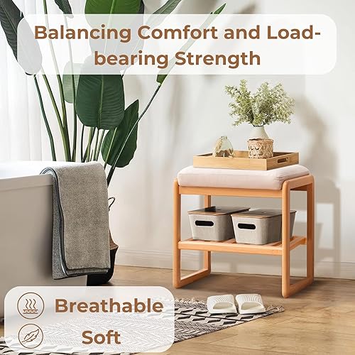 Miniatura 5 de Hymus Banco pequeño de almacenamiento de zapatos 100% madera maciza, banco de zapatos de entrada con asiento acolchado (17.71 pulgadas, nogal)