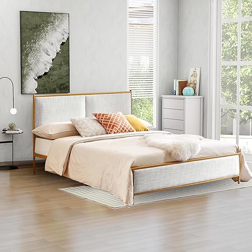Altillo Base de cama de plataforma de metal, base de colchón con cabecera tapizada, soporte de listones de madera, soporte de listones de madera, no