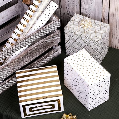 Miniatura 6 de MAYPLUSS rollo de papel de regalo, pequeño rollo, 17 x 120 pulgadas por rollo, 3 diseños diferentes de color dorado y blanco (42.3 pies cuadrados)