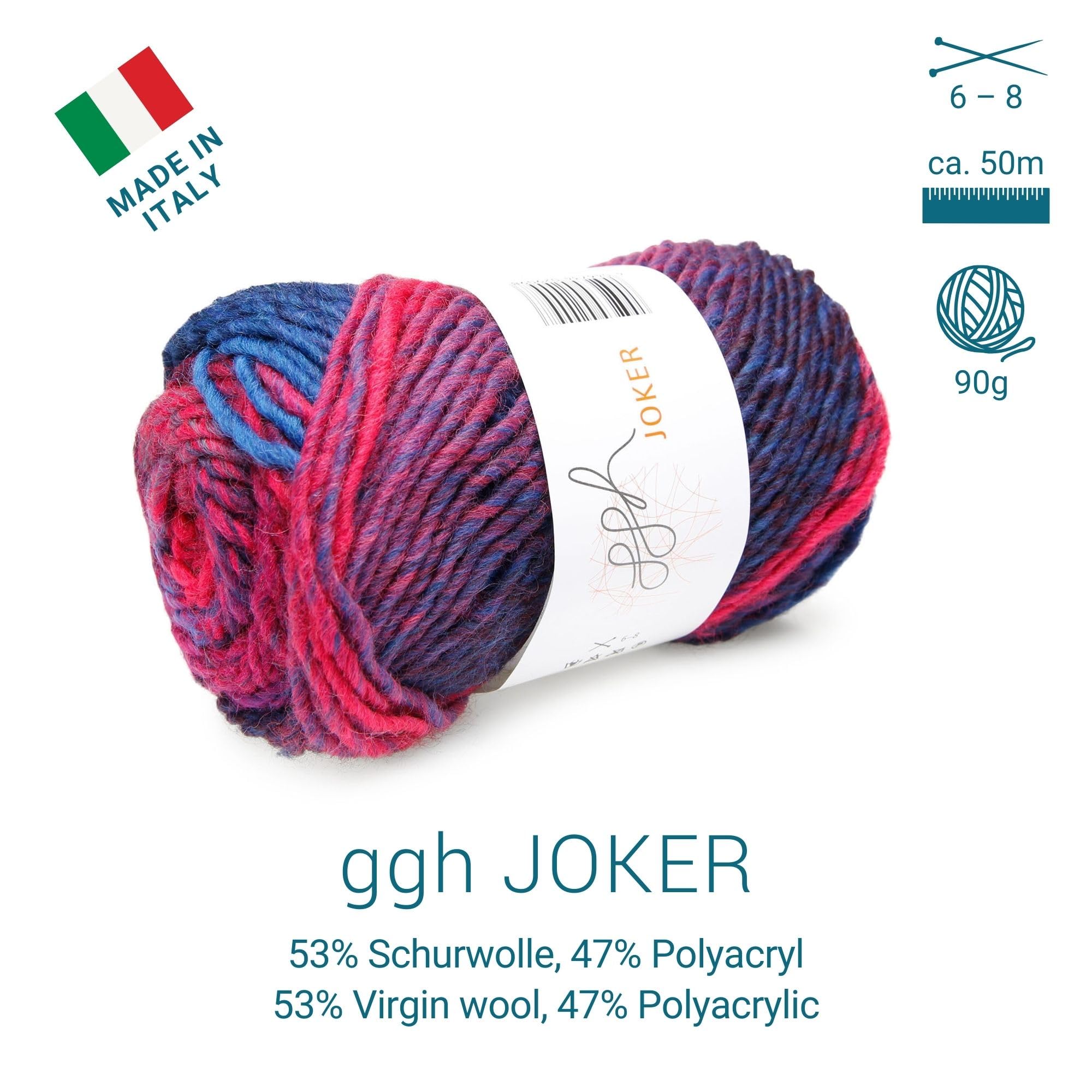 ggh Joker Box - 6 Knäuel - Schurwolle Mischung mit Farbverlauf - Wolle zum Stricken oder Häkeln Farbe 029 - Magenta-Blau meliert
