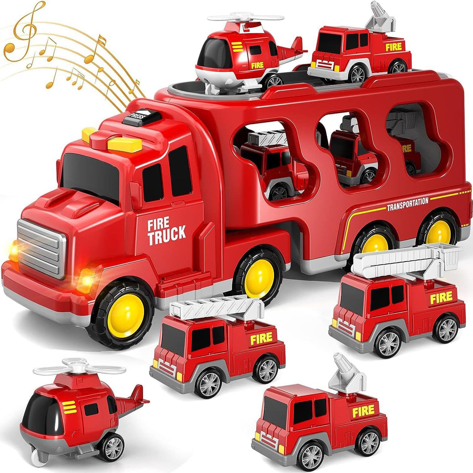 7 Stück Feuerwehrauto Spielzeug Set Mini Diecast Autos Transporter Friktionsgetrieben mit Licht Musik Notfallfahrzeug Aufbewahrung für Geschenk Frühes, Rot