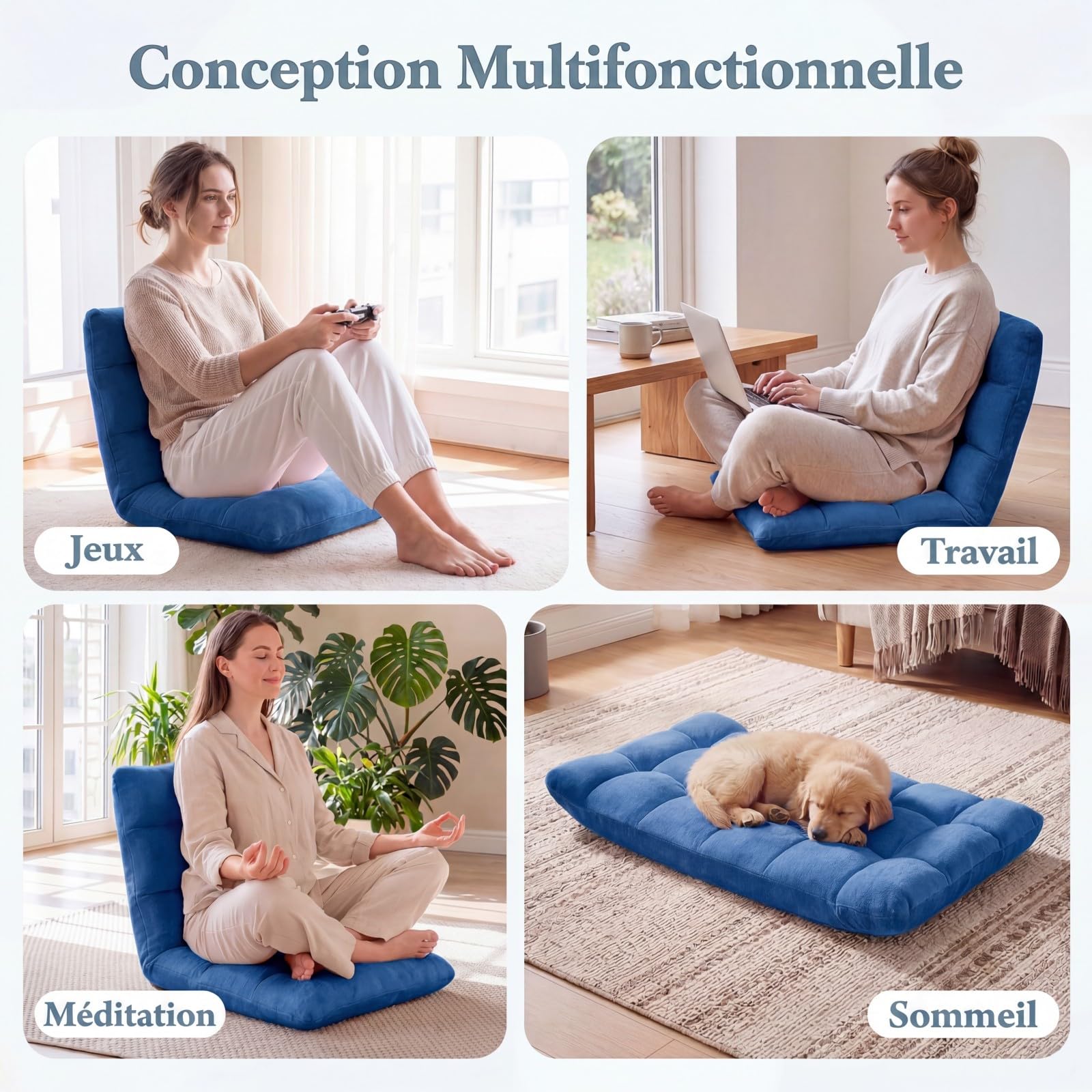 COSTWAY Canapé Paresseux Chaise de Sol, Fauteuil Convertible en Flanelle Dossier Réglable 14 Positions, Chaise de Méditation/Jeux Vidéo, pour Coin Lecture, Salon, Enfant/Adulte, Bleu