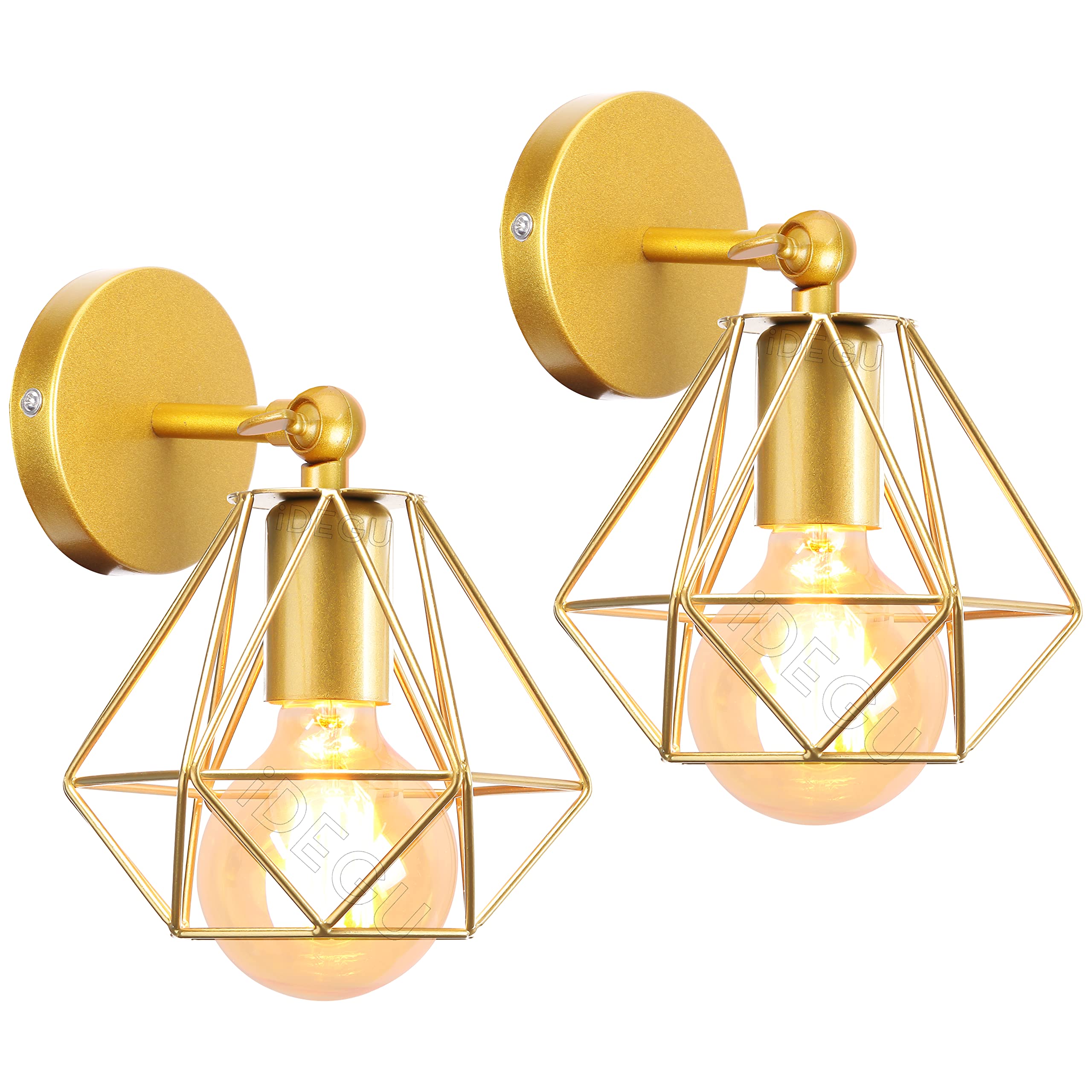 iDEGU 2 Piezas Lámpara Vintage Industrial 16CM Aplique de Pared Interior Diseño Jaula E27 Luz Ajustable Lámpara de Techo Iluminación para Dormitorio Pasillo Salon (Dorado)