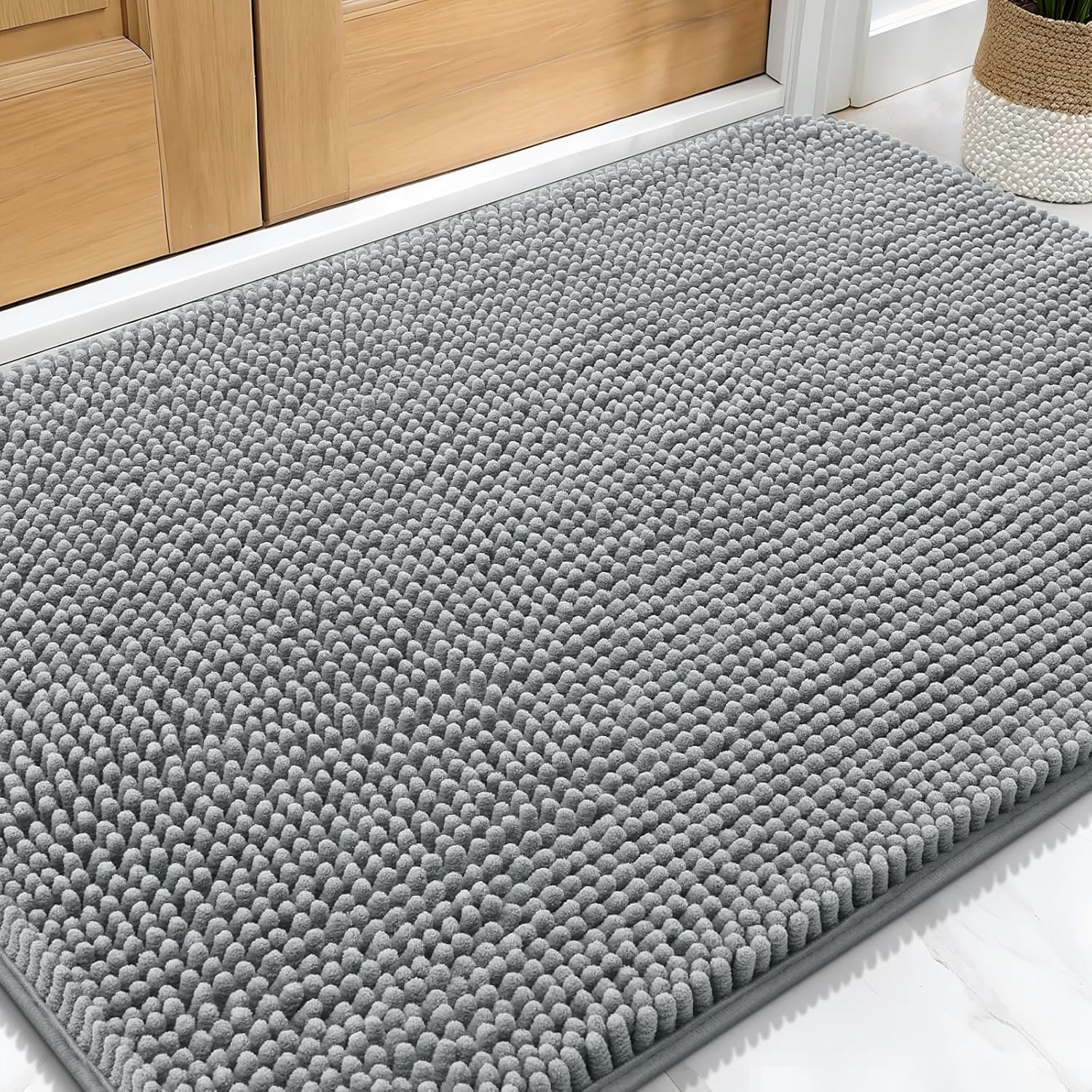 smiry Door Mat, Super Absorbent Chenille Dog Door Mat, Washable Non Slip Door Matts Indoor, Soft Microfiber Pet Rug and Bath Mat for Entrance Kitchen Muddy Shoes & Paws - Grey, 43 x 76 cm