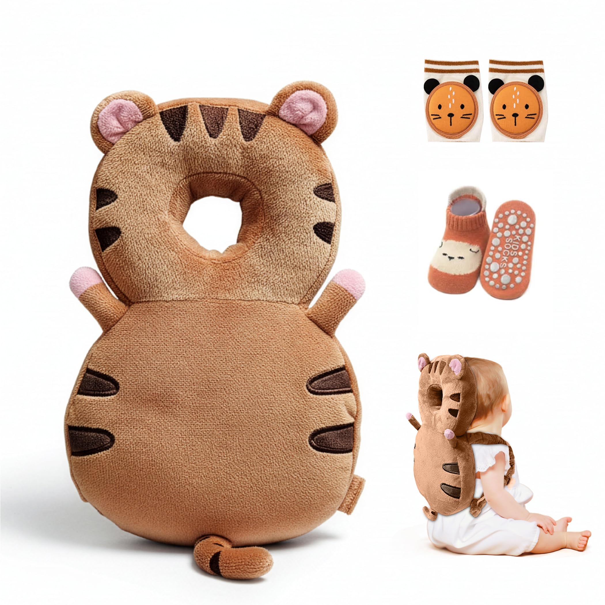 HippoBaby Baby Head Protector Backpack – Toddler Safety Cushion for Crawling &amp; Walking – Infant Fall Protection Pillow with Adjustable Straps – Comes with Knee Pads &amp; Non-Slip Baby Socks (Tiger)