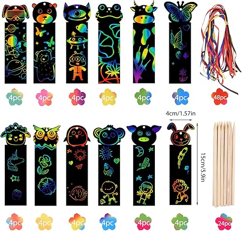 Miniatura 2 de Papel negro para rascar para niños, 48 marcapáginas de papel para rascar arcoíris, 12 estilos de arte y manualidades para niños de 8 a 12 años,