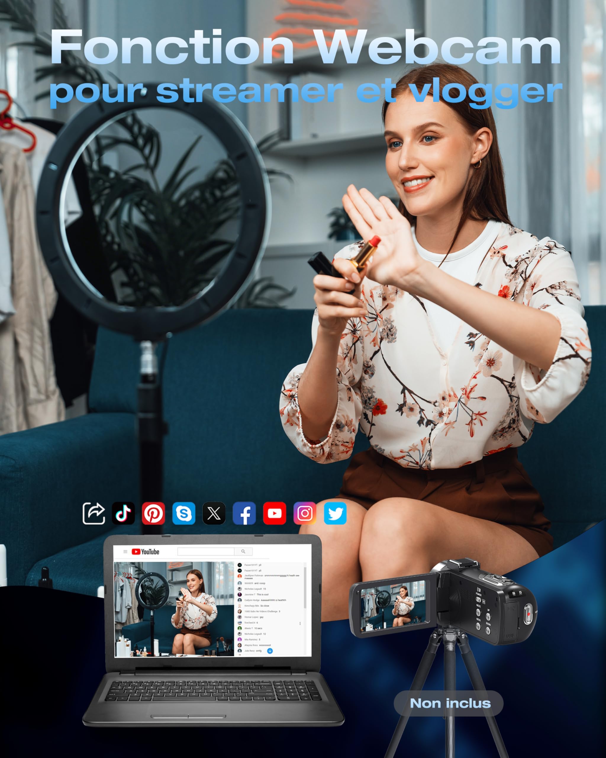 Caméscope 4K 80MP 30FPS Vision Nocturne Infrarouge Zoom 18X Écran IPS 3,0 Pouces avec 2 Piles et Carte SD 32Go