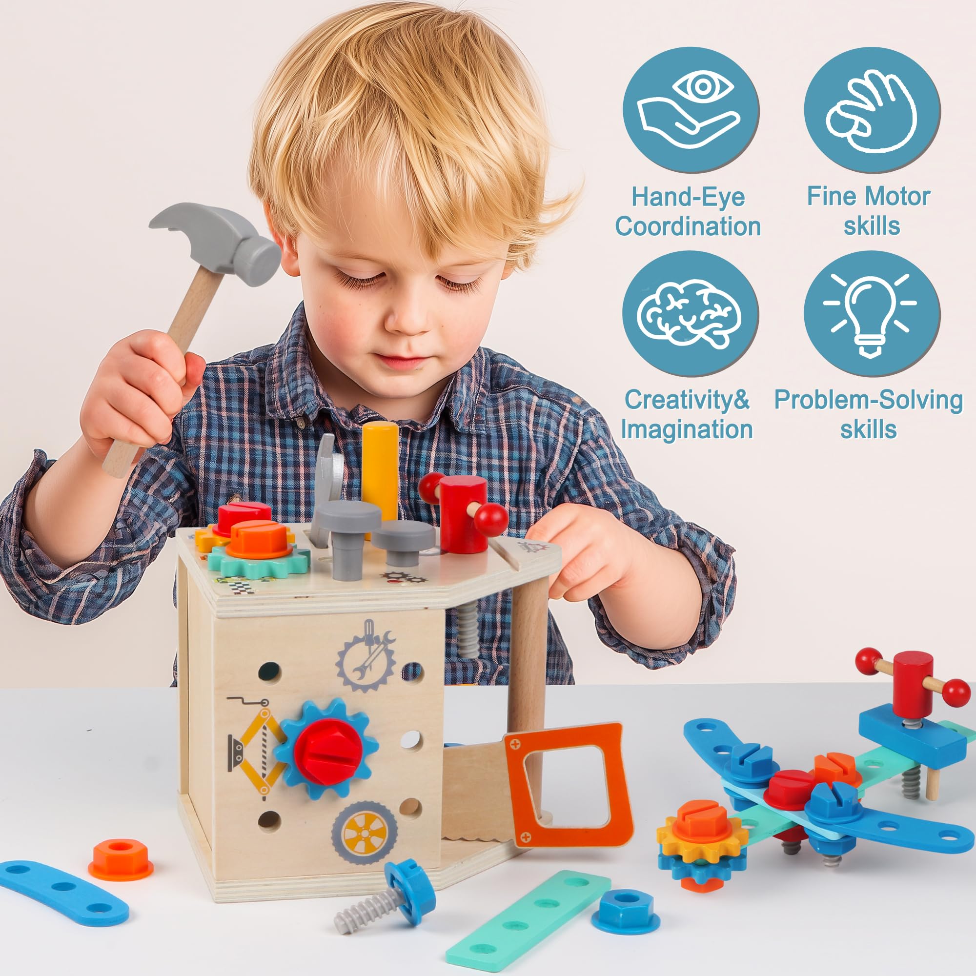Kit de herramientas para niños pequeños, caja de herramientas Montessori de 33 piezas, juego de herramientas de juego de simulación para niños de 2 a 4 años, juguetes educativos STEM para 3 años 2