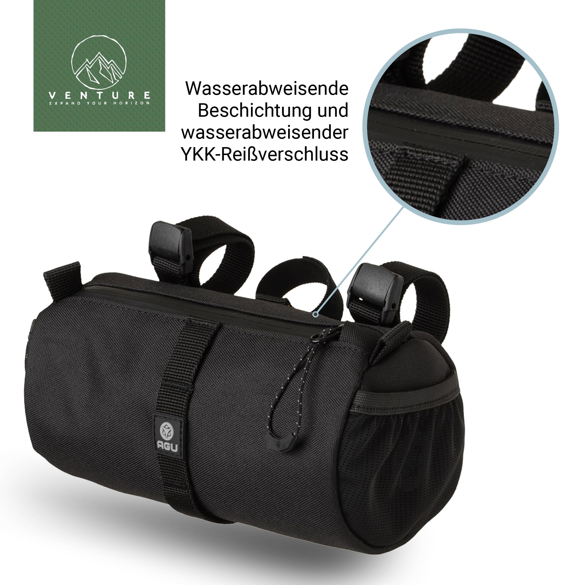 AGU Venture Handlebar Bag Roll Bag, 1.5 L Bicycle Bag Handlebar Front for Bike Packing, Water-Repellent, Reflective, Easy Assembly, Black Sports & Outdoors
