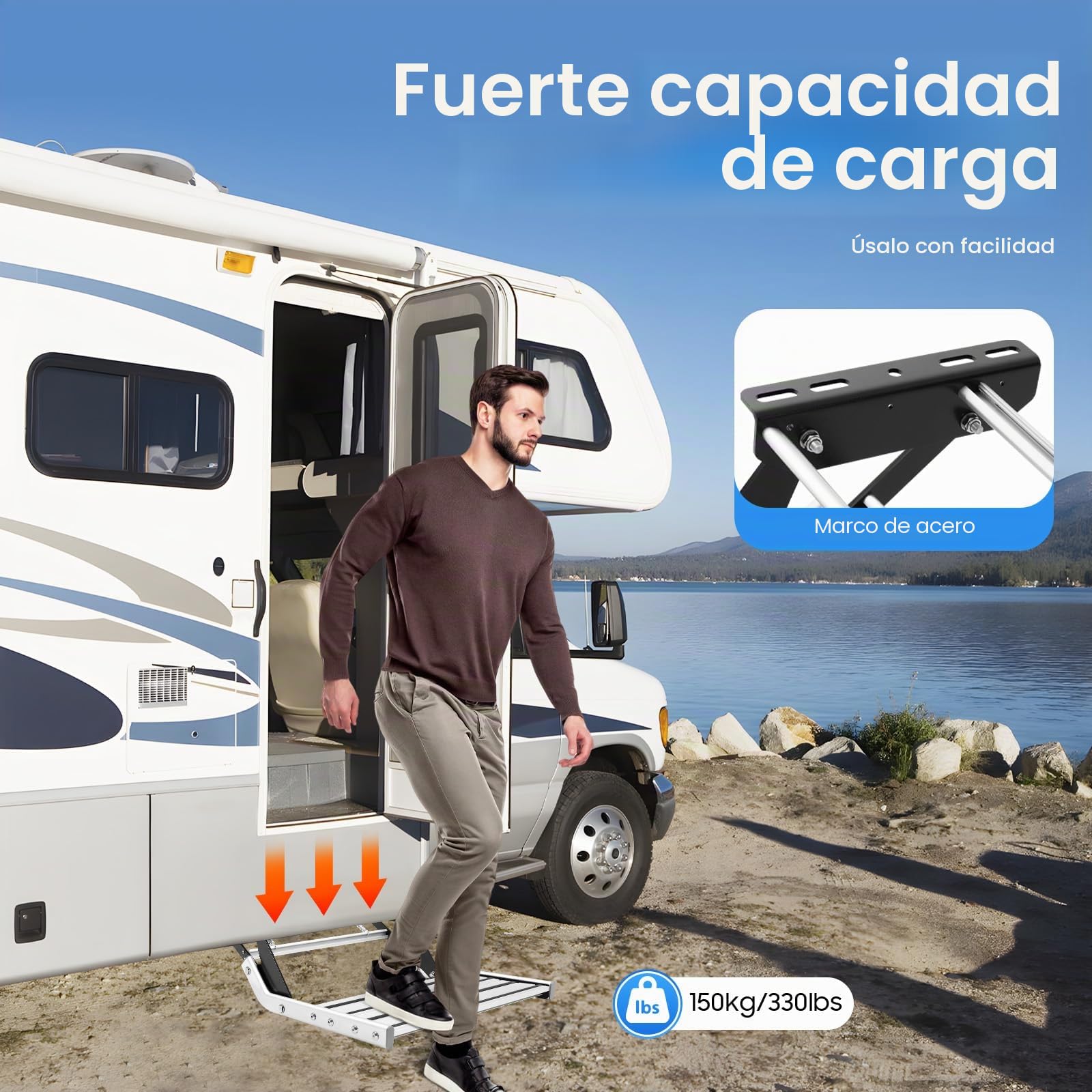 Peldaños para caravana Trittstufe manual para autocaravana plegable Camper Stufe de entrada Trittstufe con capacidad de hasta 150 kg RV Schritt con tiras antideslizantes