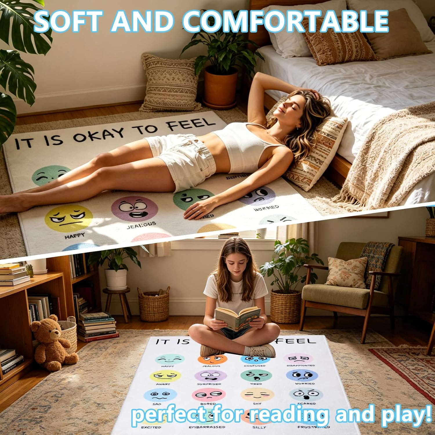 3.3x4ft Calming Corner Classroom Rug Educational Sensory Emotion Feelings Carpet Reading Corner Items Rug Soft Fluffy Mental Health Rugs Washable Non Slip Carpet Floor Mat for Playroom School Nursery