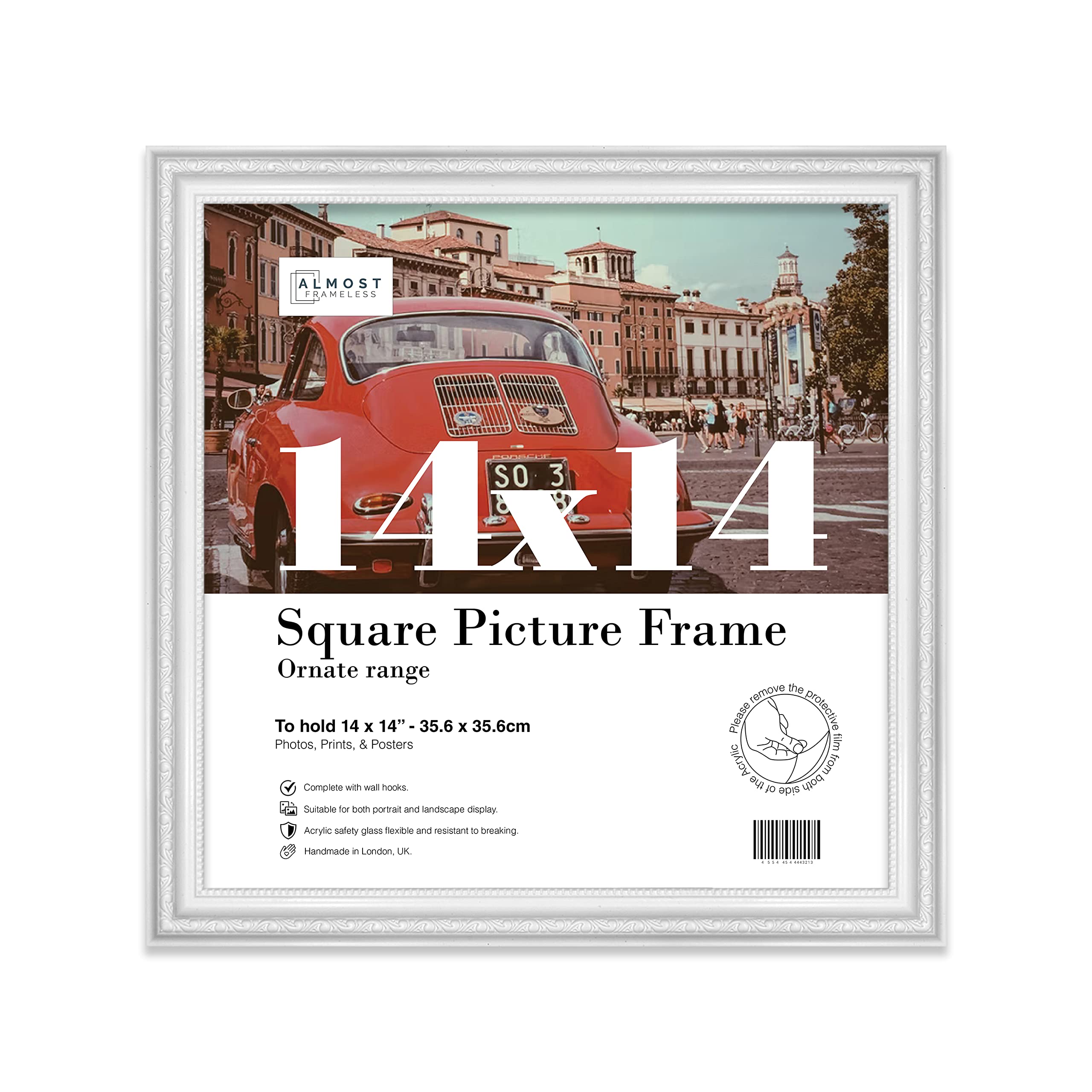 Almost Frameless White Picture Frame 14X14 White Ornate Picture Frame 14"X14"(35.6X35.6cm) Poster, Photo, Artwork, Or Print. Shabby Chic Style Portrait And Landscape Display With Wall Hooks