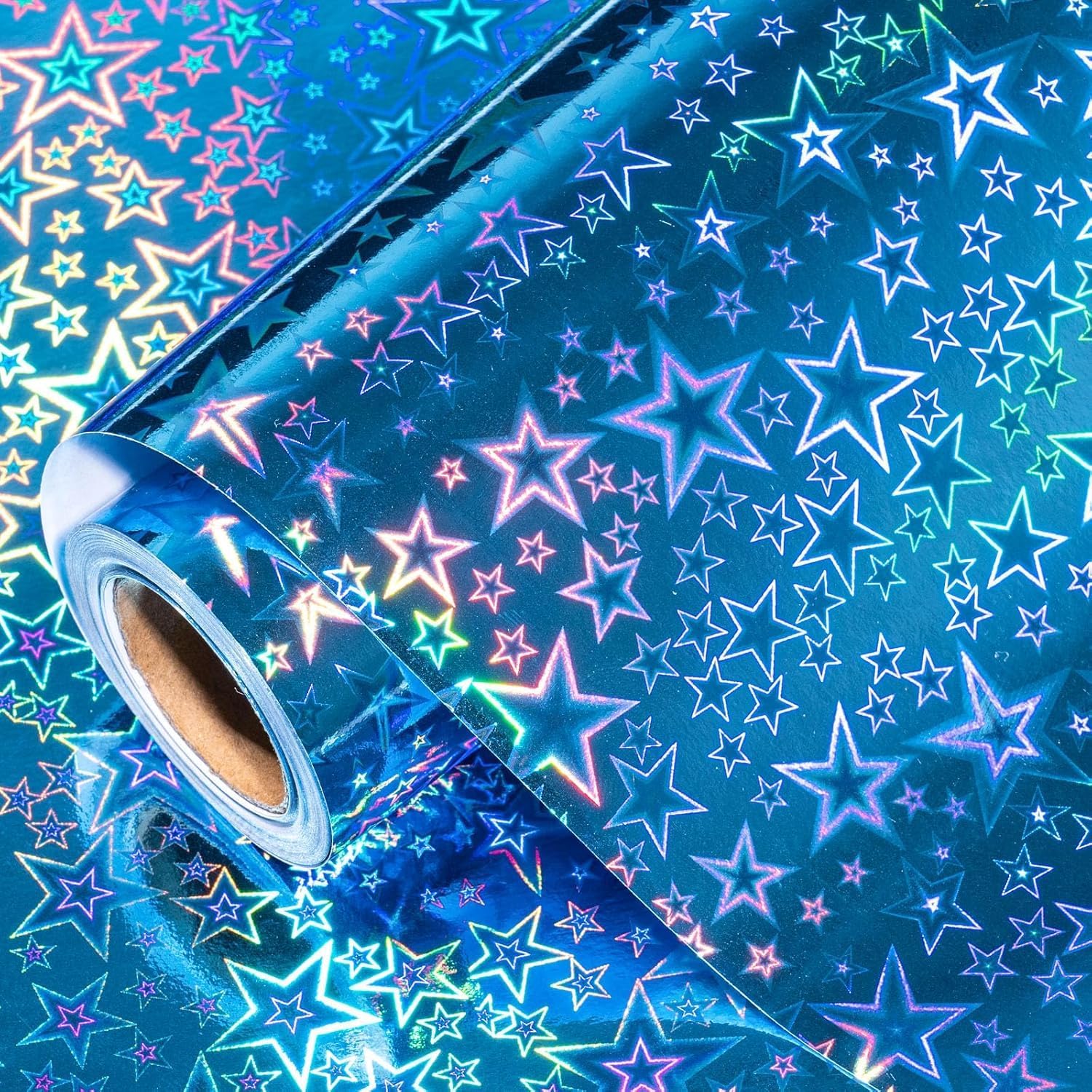 LeZakaa 30in x 32.8Ft Blue Holographic Wrapping Paper, Metallic Shiny Star Pattern, for Christmas Eve, Holiday Season, for Birthday, Wedding, Baby Shower, Valentines, Graduation, Jumbo Roll 30 in x 32.8 ft Blue