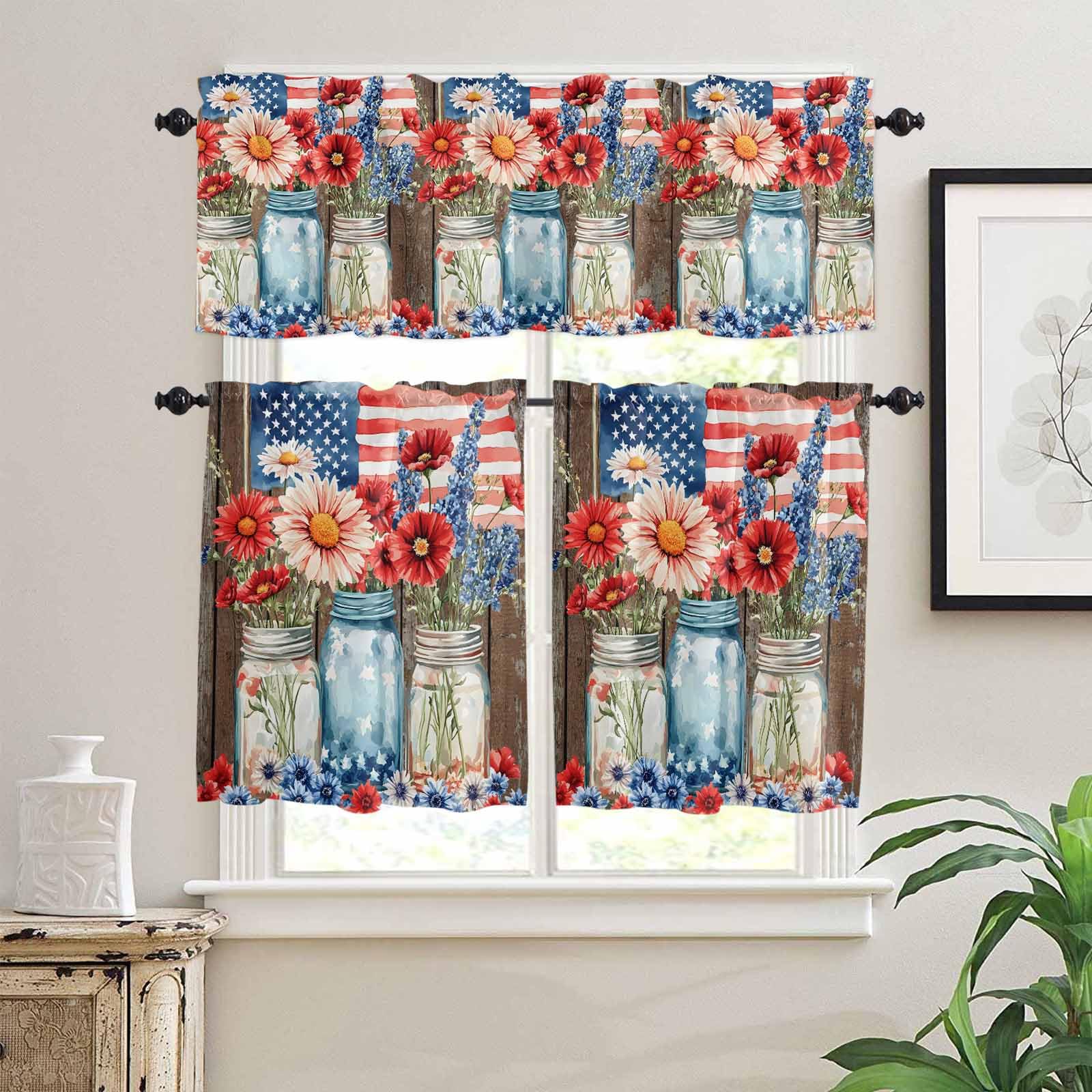 Independence Day Kitchen Curtains 24 Inch Length,3 Piece Rod Pocket Small Half Tiers and Valance Set,Red Blue Patriotic Floral Brown Wood Small Large Window Treatment Decor for Bedroom/Bathroom Sink
