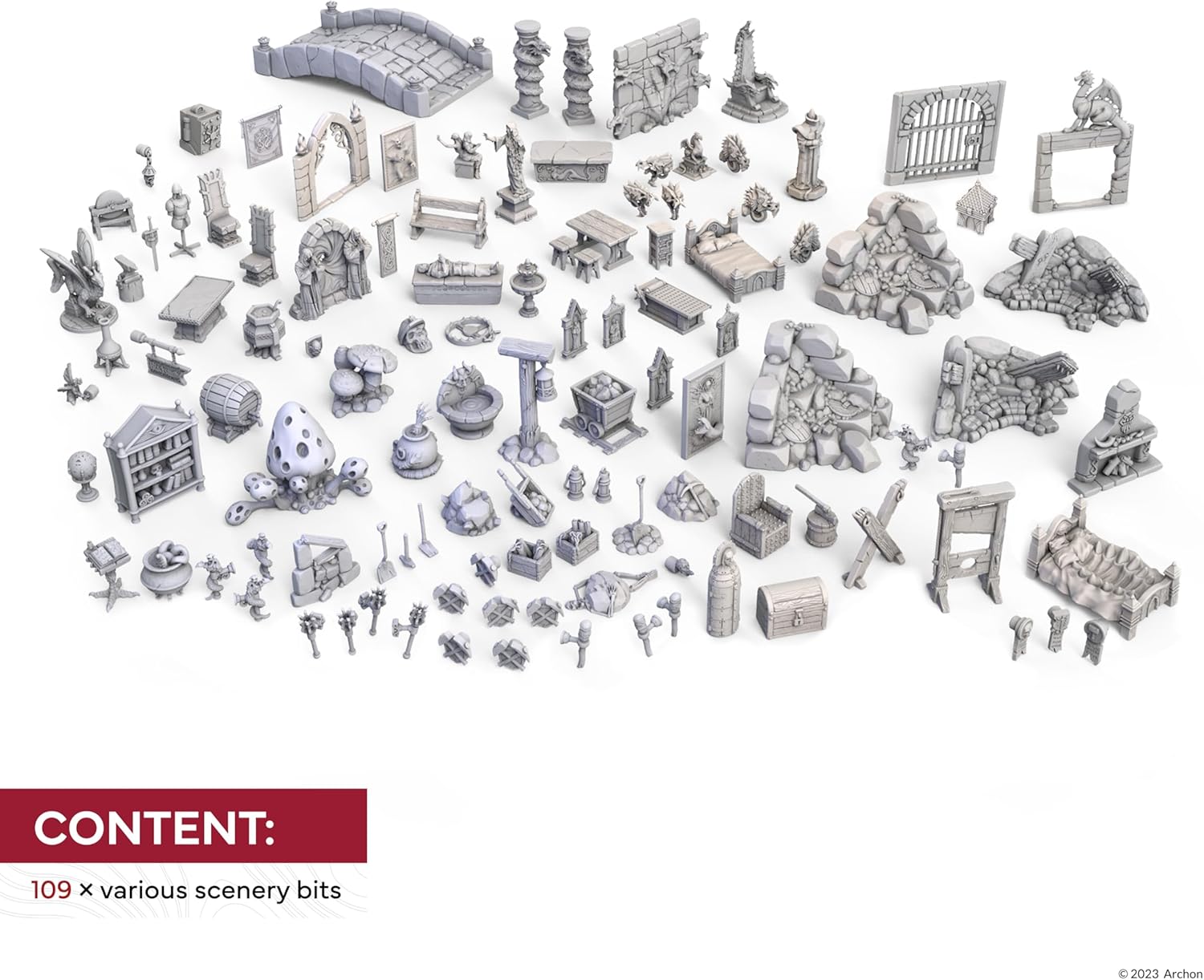 Dungeons & Lasers Fantasy Props DND Accessories Pack - 109 Piece Set Includes Miniature Elements and Bits for Tabletop Terrain and 5E Compatible RPG Games - Unpainted - for Ages 14 Years +