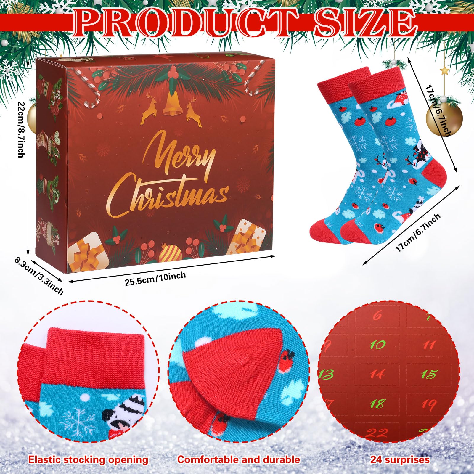 2025 Noël 24 pcs Socks Advent Calendar Cadeaux de Noël pour hommes femmes avec motif d'arbre de bonhomme de neige de Noël pour cadeaux de Noël Calendrier d'aventure