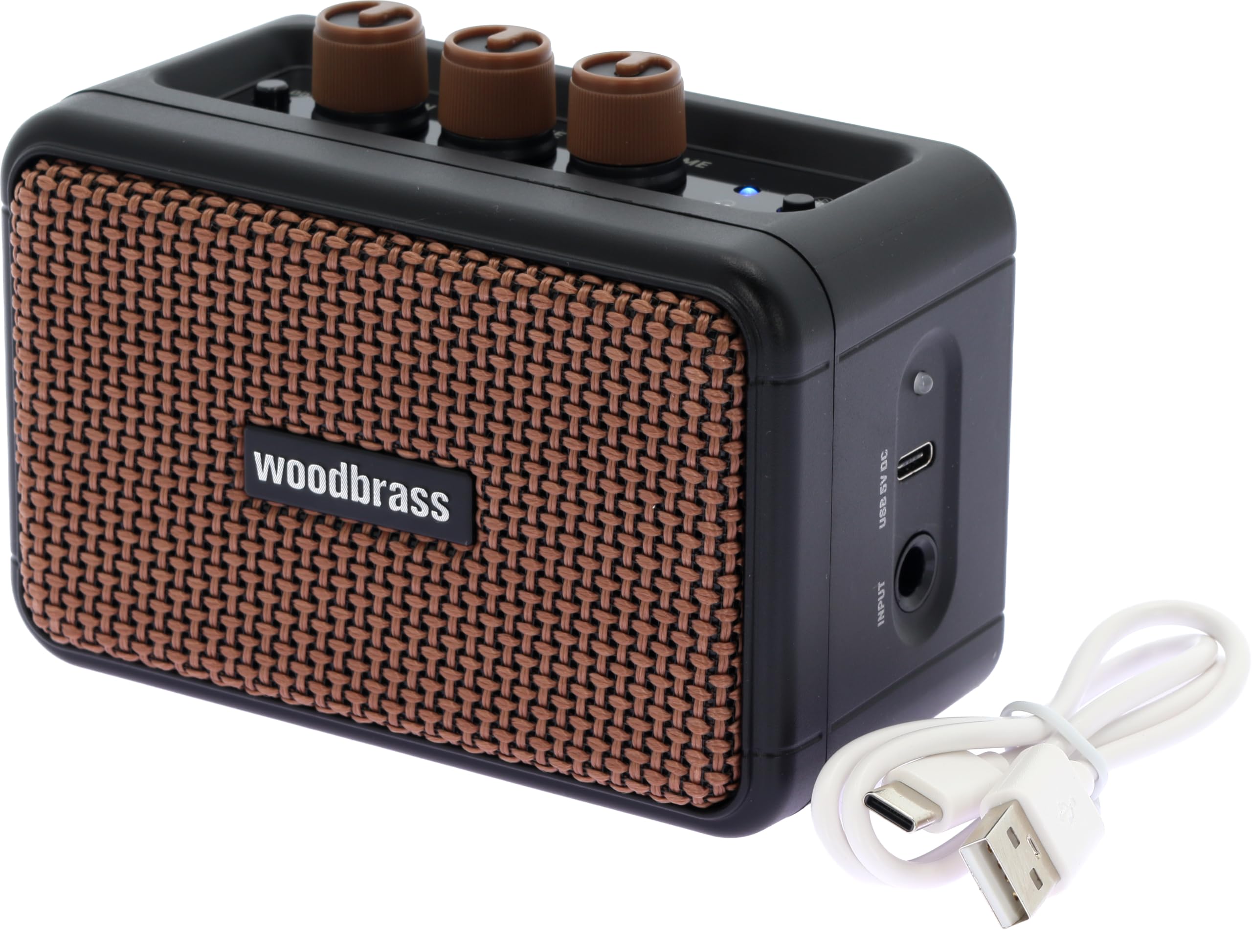 Woodbrass GE5 - Enceinte connectée/Ampli Guitare Électrique 5W Compact et Rechargeable - Clean/Overdrive, Sortie Casque, Enceinte Connectée sans Fil, Format Nomade, 7h d’Autonomie - Noir/Marron