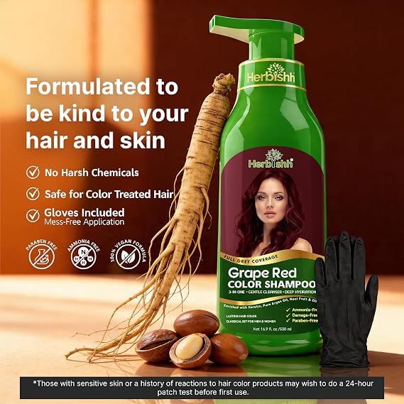 Herbishh Hair Colour Shampoo for Grey Hair, Grape Red, 500 ml, Ammonia-Free 3-in-1 Hair Dye Shampoo, Colours Hair in Minutes, Long-Lasting Colour