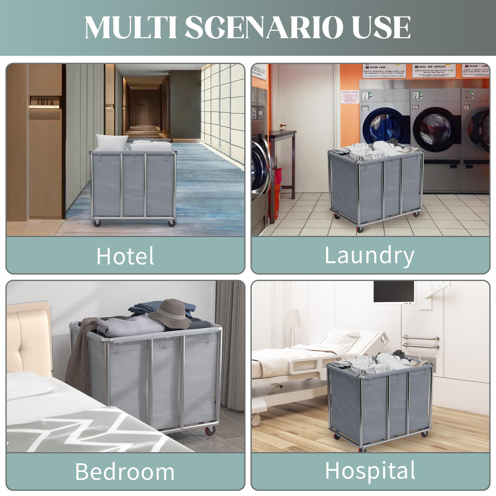 Carro de lavandería de acero inoxidable, carrito de lavandería comercial, cesta grande con ruedas, cestas laundry para el hogar, hotel, lavandería, hospitales, 90 × 65 × 81 cm (gris)
