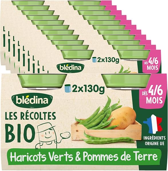 Blédina Les Récoltes Bio, Petits pots bébé Bio dès 4/6 Mois, Haricots verts, Pommes de terre, 2x130g (Lotx12) - 1