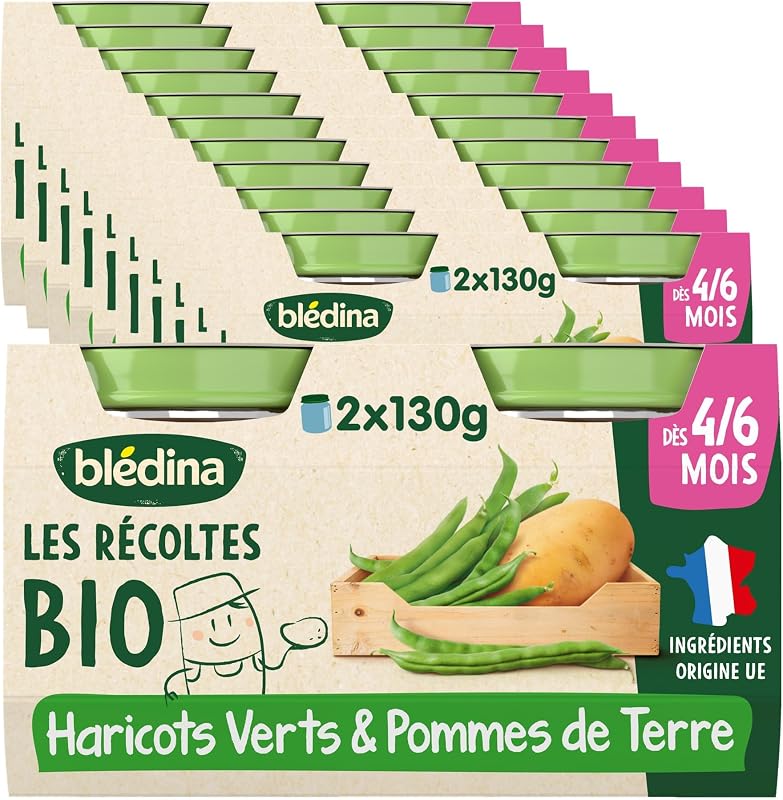 Blédina Les Récoltes Bio, Petits pots bébé Bio dès 4/6 Mois, Haricots verts, Pommes de terre, 2x130g (Lotx12)