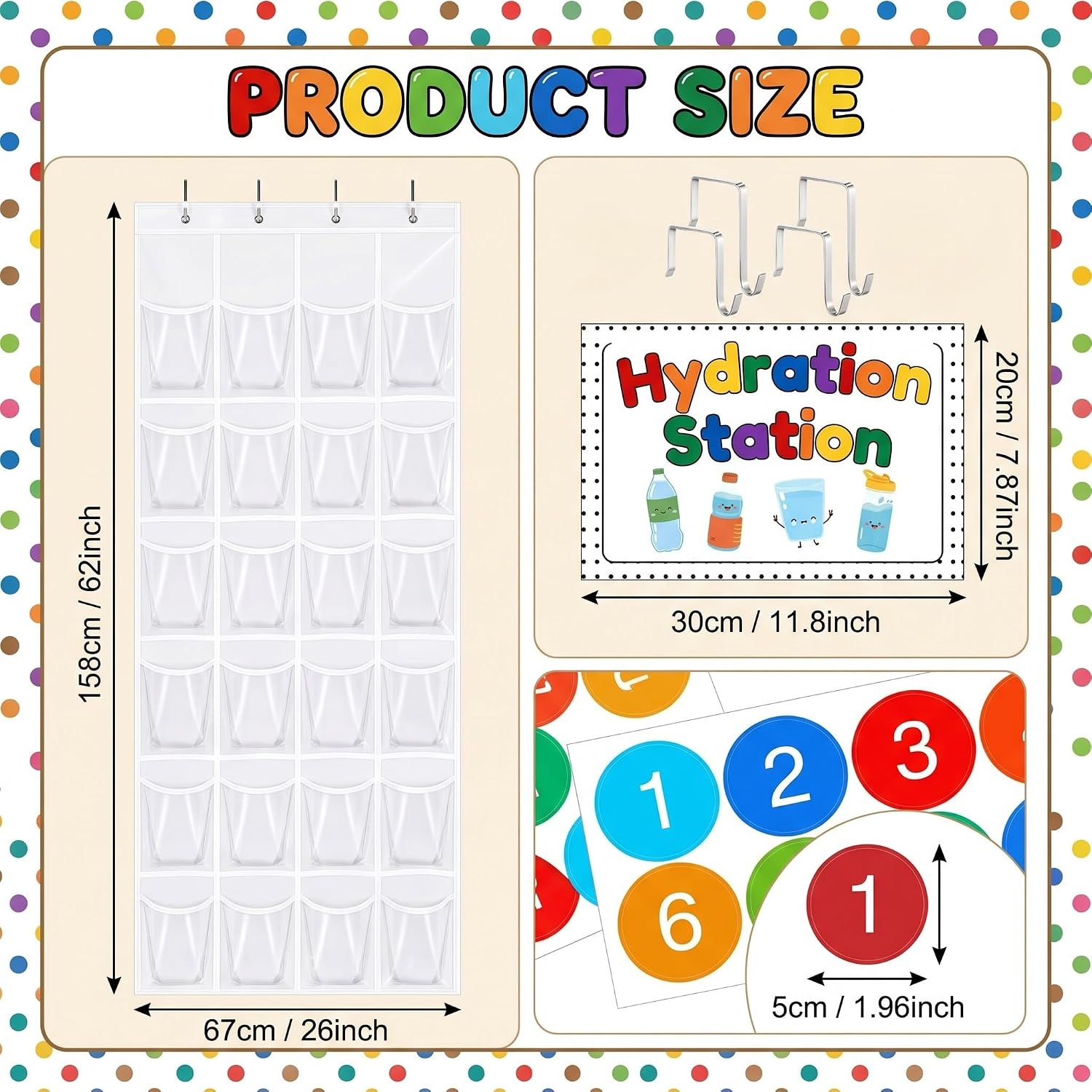 Water Bottle Organizer for Classroom Classroom Hydration Station 30 Clear Pockets Over The Door Hanging Organizer Storage with Rainbbow Sign Number Stickers for Cup and Various Sizes