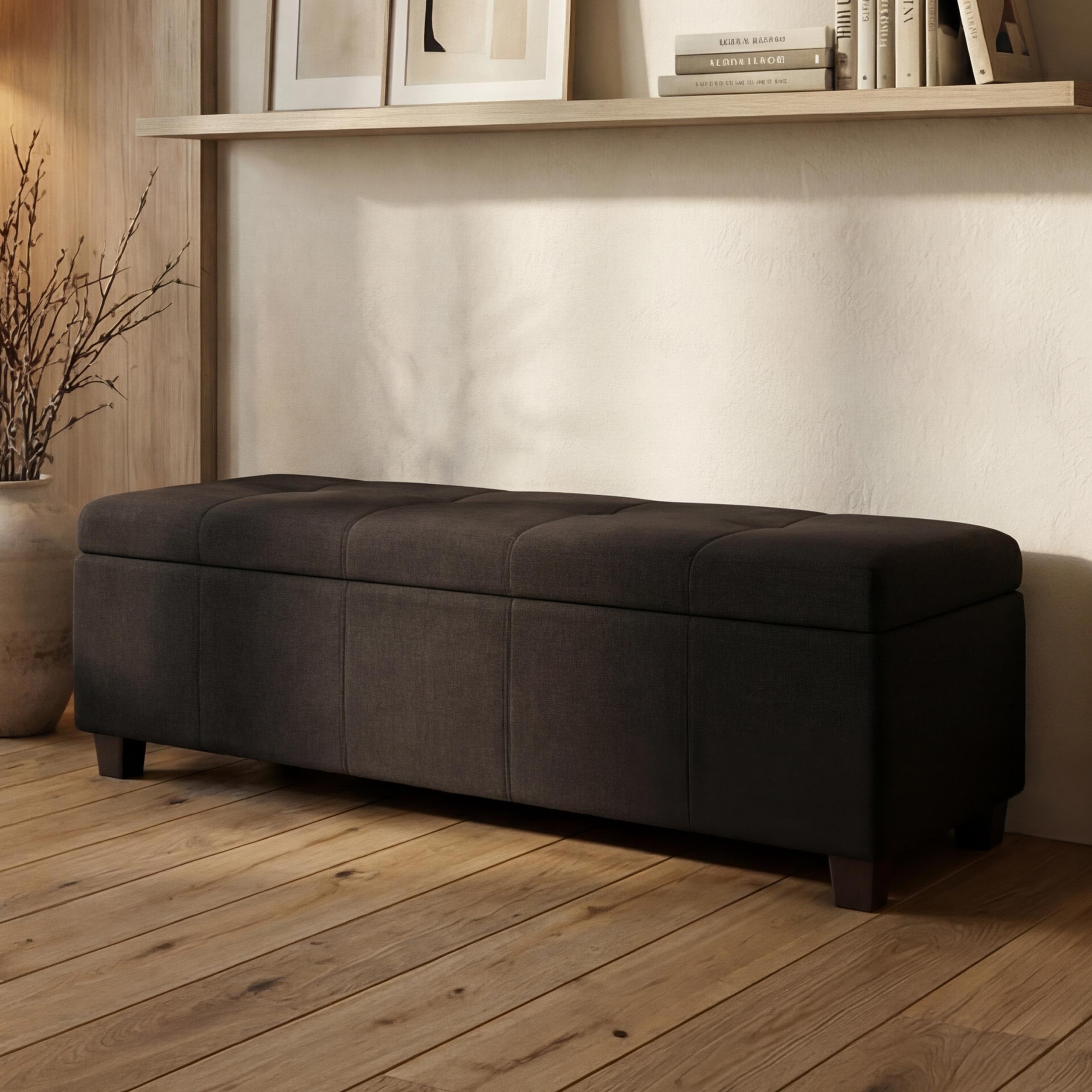 Mendler Aufbewahrungs-Truhe Kriens, Sitzbank Bank, Stoff/Textil, 45x114x45cm FSC®-Zertifiziert - schwarz