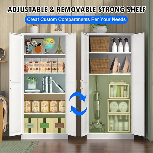 Vista 5 de Armario de despensa de cocina blanco, armario de almacenamiento de metal de 71 pulgadas de alto con puertas y estantes, armarios de despensa