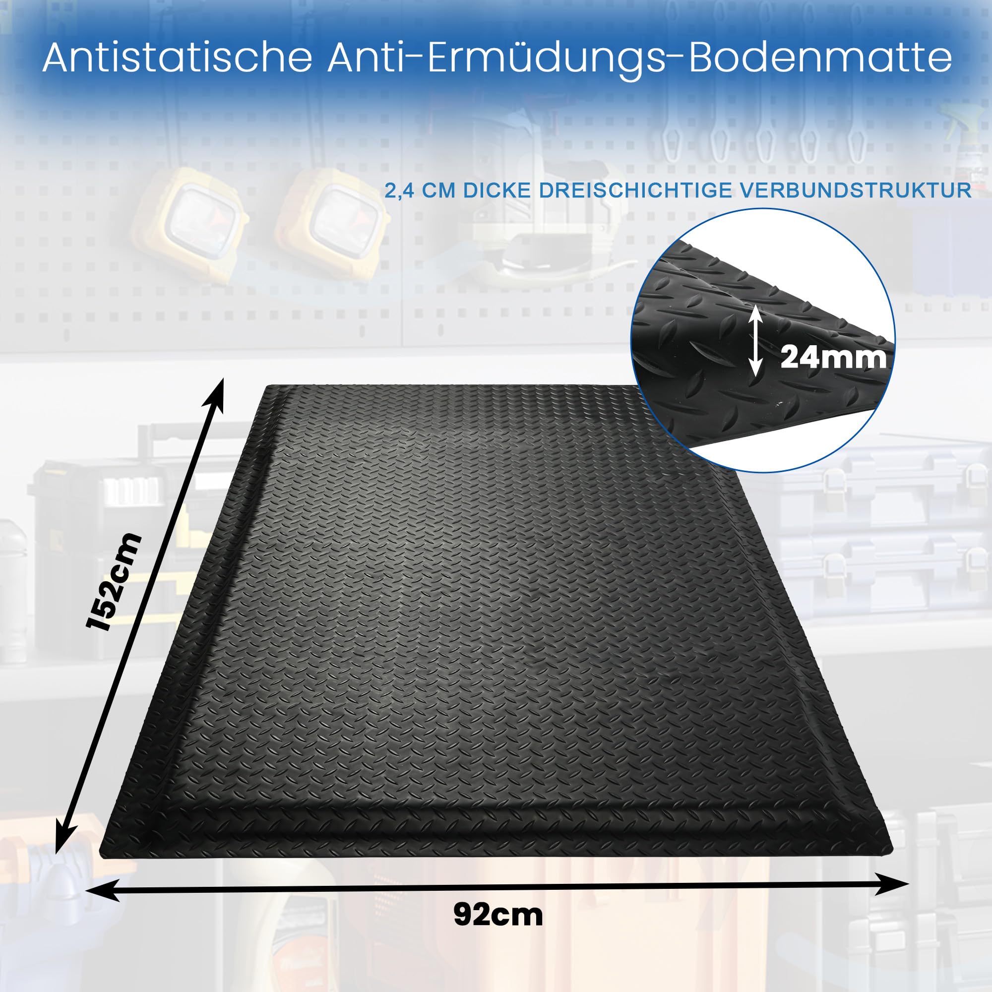 Anti Ermüdungsmatte 92x152cm, Stehmatte Schreibtisch Ergonomische Arbeitsplatzmatte mit Rautenmuster, PVC Anti Fatigue Mat fußmatte für Steharbeitsplätze, Werkstatt, Fließband (Schwarz)