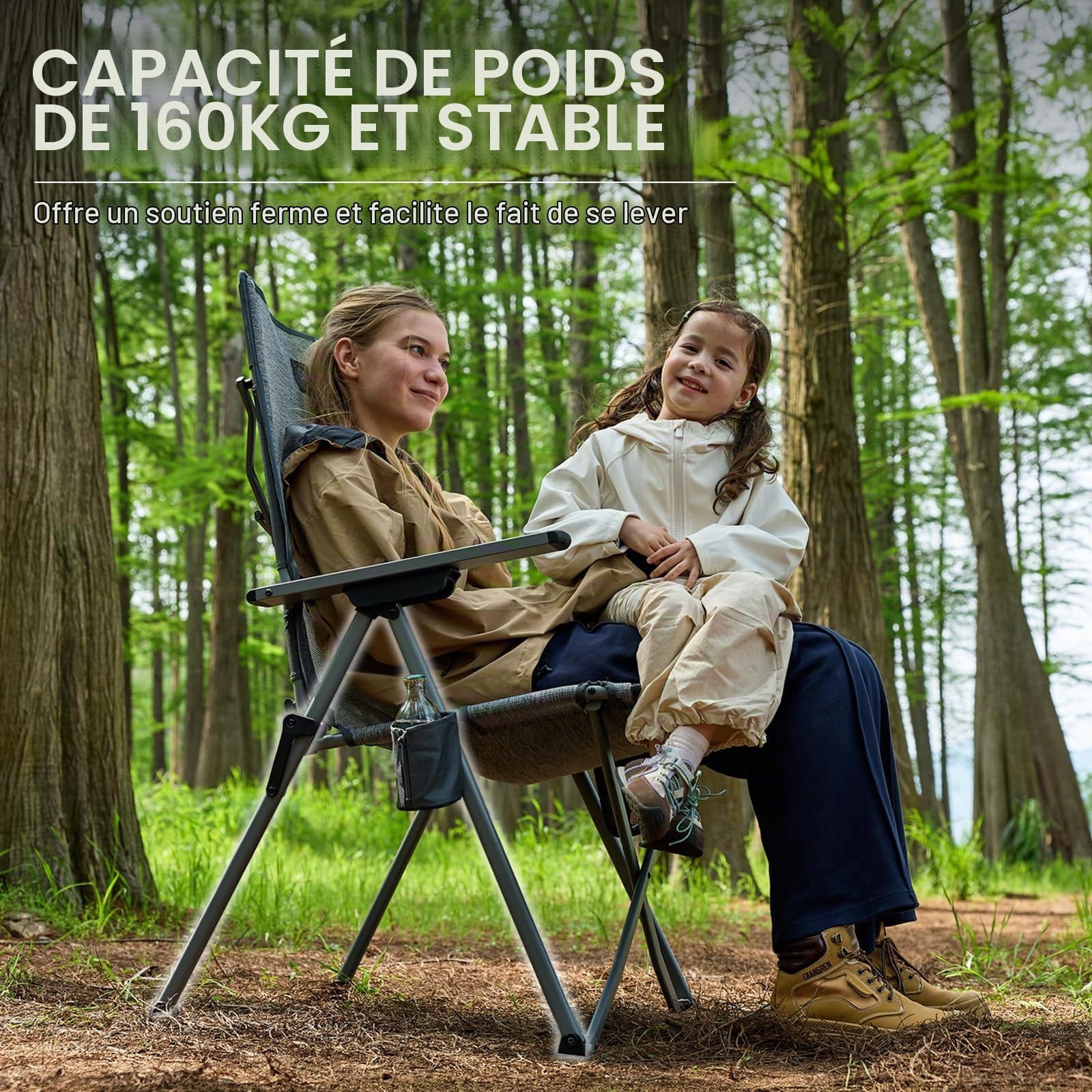 EVER ADVANCED Chaise Camping Pliable, Dossier réglable, Tissu Mesh | Chaise pliante réglable 4 positions 160kg, dossier haut avec poche et porte-gobelet, camping, jardin, gris 1Pc