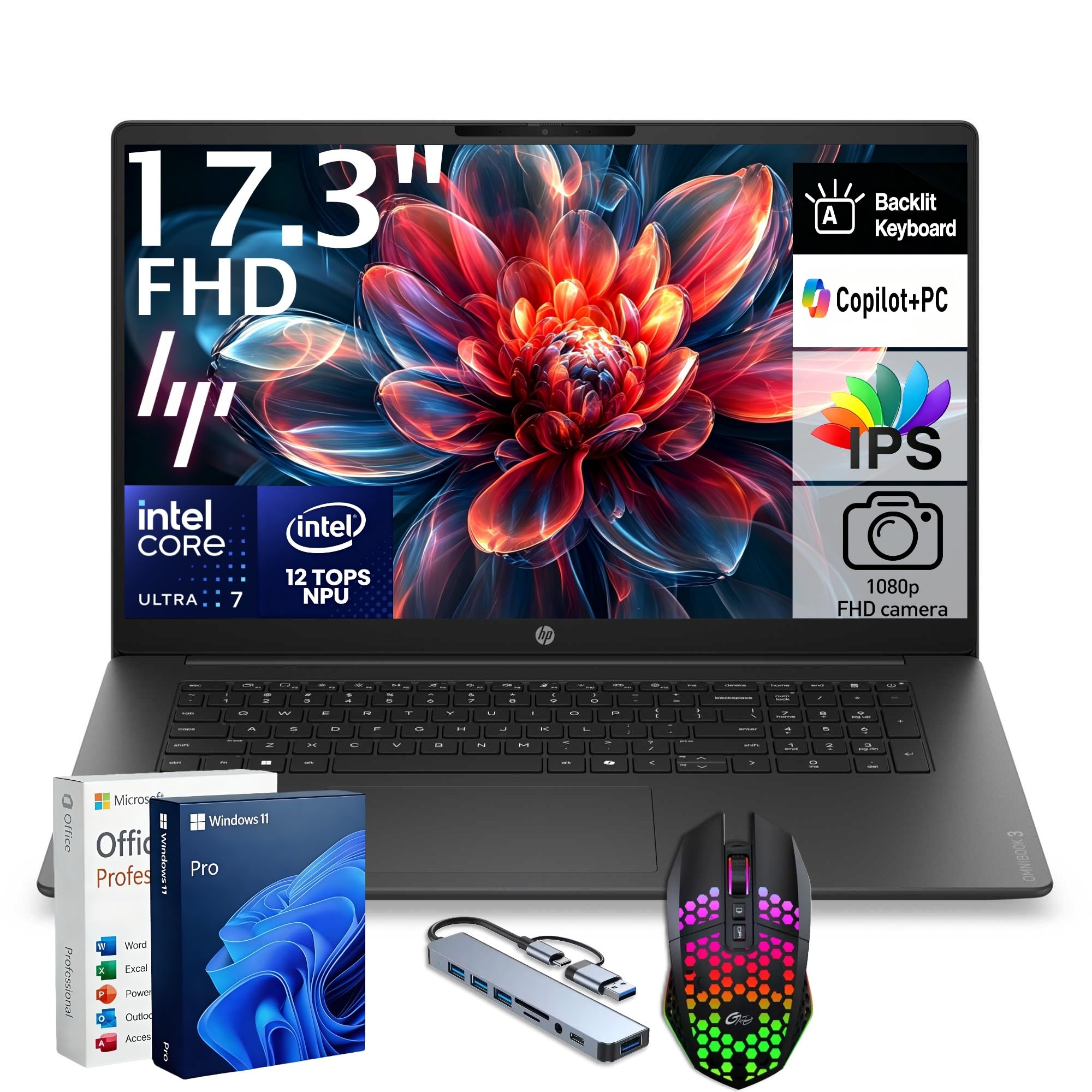 HP 17.3" FHD AI Business Laptop, Intel Ultra 7 255U, 32GB DDR5 RAM, 1TB SSD | Backlit KB, Lifetime MS Office, Intel AI Boost 12 TOPS NPU, 17-Inch IPS Anti-glare Display, Win 11 Pro, Wi-Fi7, w/Accessories