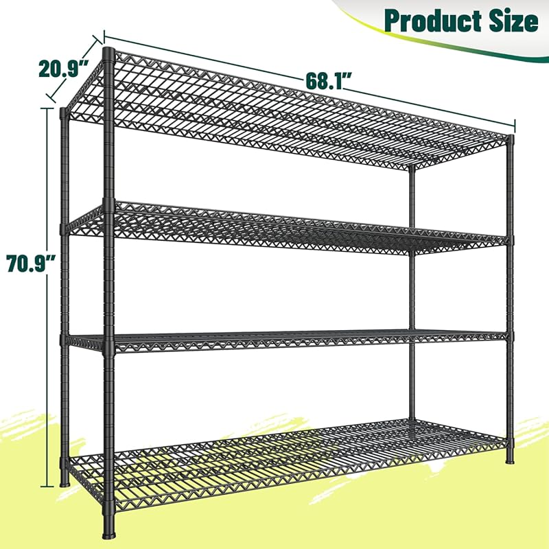 68''W Storage Shelves 2500LBS Wire Shelving Unit, Adjustable Garage Shelving Heavy Duty, Metal Shelving for Garage, Pantry, Kitchen, Basement, Commercial Industrial,68.1"W x 20.9"D x 70.9"H