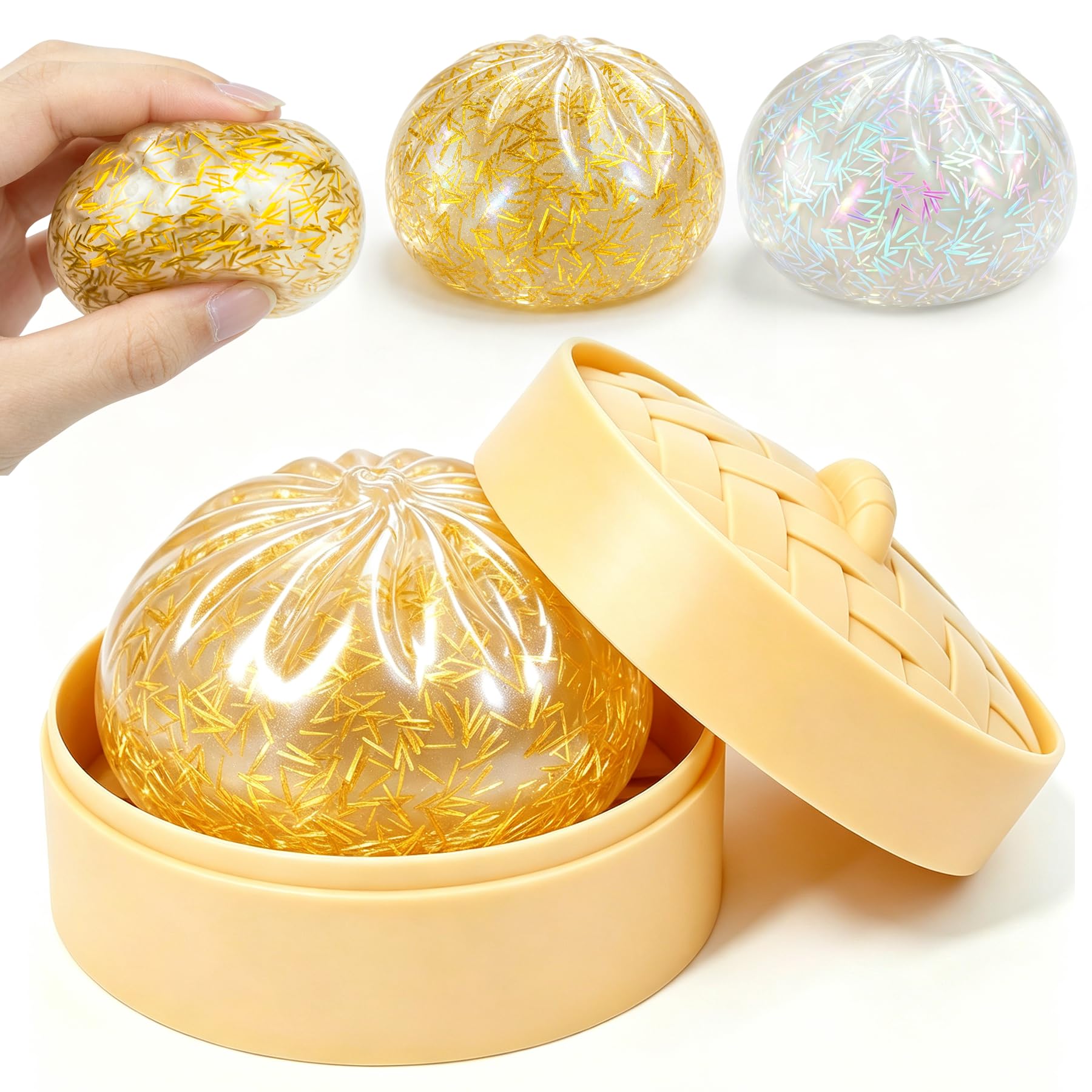 Photo 1 of 1Pc Dumpling Squishy Mystery Box,Ball with Water Beads Glitter Dumpling Squishy,Squeeze Dough Ball Stress Relief Hand Toys with Food Steamer Fidget Sensory Toy Easter Basket Stuffers